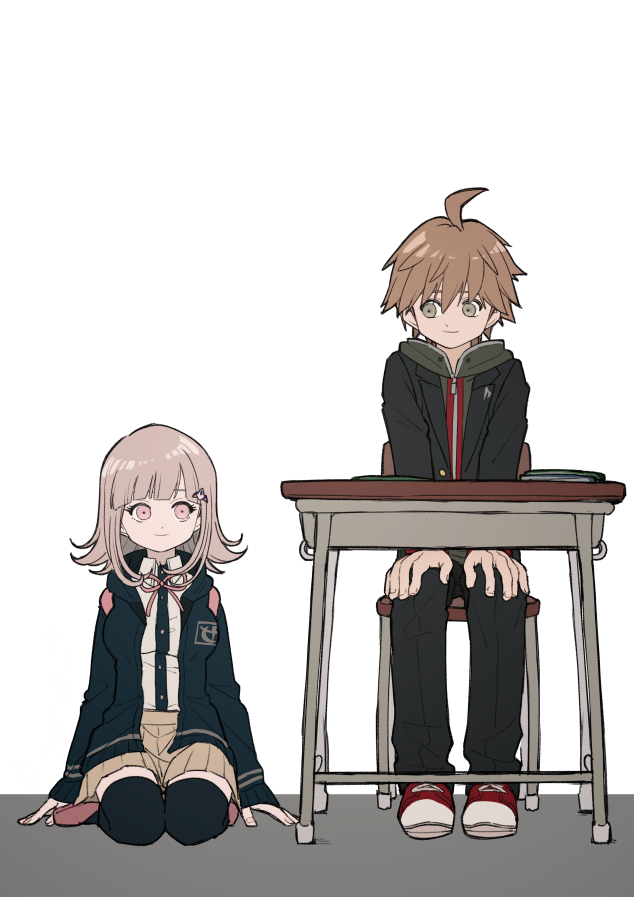 1boy 1girl ahoge backpack bag bangs black_jacket black_legwear black_pants black_shirt blunt_bangs breasts brown_hair brown_skirt chair cheeseko collared_shirt danganronpa:_trigger_happy_havoc danganronpa_(series) danganronpa_2:_goodbye_despair desk dress_shirt galaga green_hoodie hair_ornament hood hood_down hooded_jacket hoodie jacket large_breasts long_sleeves looking_at_another naegi_makoto nanami_chiaki neck_ribbon open_clothes open_jacket pants pink_ribbon pleated_skirt red_footwear ribbon school_chair school_desk seiza shiny shiny_hair shirt shirt_tucked_in sitting skirt smile thigh-highs white_footwear white_shirt zipper