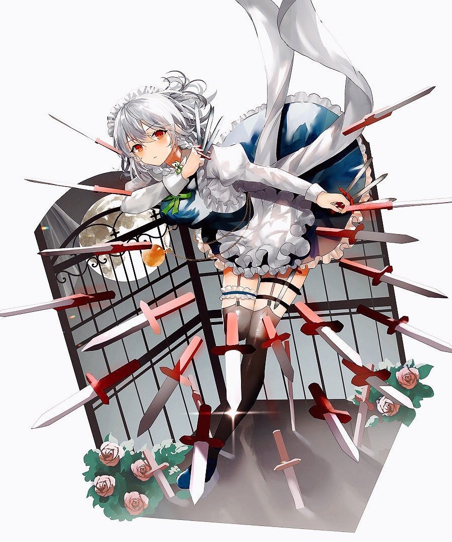 1girl apron bangs black_legwear blue_dress bow braid bush closed_mouth commentary dress expressionless flower french_braid frilled_apron frilled_dress frills full_moon garter_straps grabbing green_bow hair_bow hair_ornament holster izayoi_sakuya knife knife_holster long_sleeves looking_at_viewer maid maid_apron maid_headdress moon pink_flower pink_rose pocket_watch red_eyes rose sakizaki_saki-p short_sleeves silver_hair simple_background solo sparkle thigh-highs thigh_holster touhou twin_braids twitter_username waist_apron watch white_apron white_background white_legwear wrist_cuffs