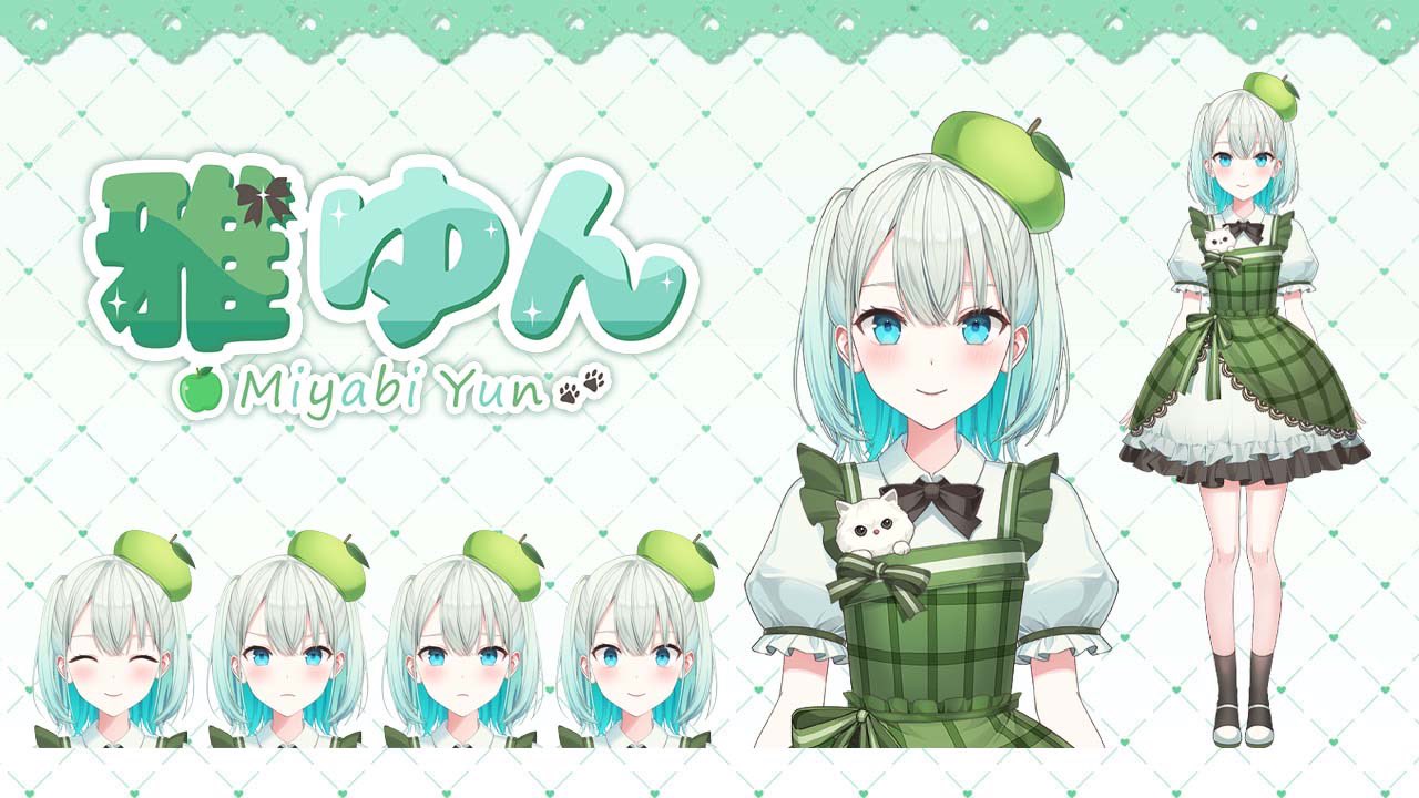 1girl aqua_eyes aqua_hair bangs bow bowtie closed_mouth creature dress expressions frilled_dress frills gradient_hair green_hair hat looking_at_viewer miyabi_yun multicolored_hair multiple_views official_art puffy_sleeves rangu second-party_source shoes short_hair short_sleeves smile socks standing stardust_virtual_studio two-tone_hair virtual_youtuber