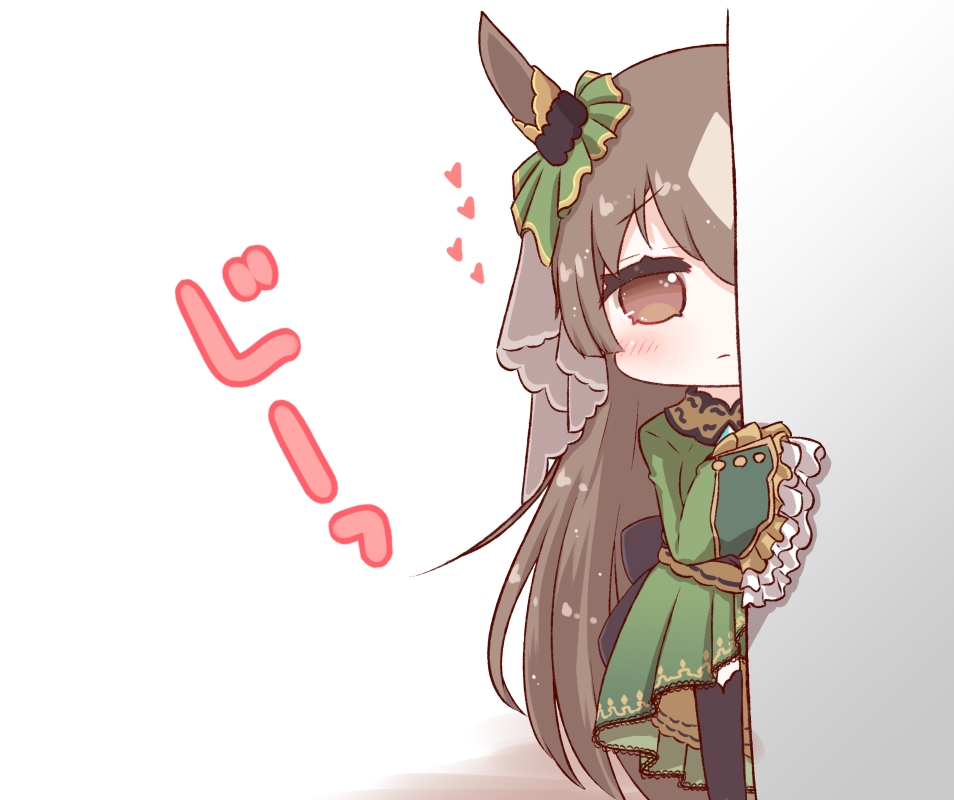 1girl animal_ears bangs black_legwear blush brown_eyes brown_hair closed_mouth commentary_request dress eyebrows_visible_through_hair frilled_sleeves frills green_dress hair_between_eyes hand_up heart horse_ears long_hair long_sleeves looking_at_viewer peeking_out ridy_(ri_sui) satono_diamond_(umamusume) sleeves_past_fingers sleeves_past_wrists solo standing thigh-highs translation_request umamusume very_long_hair white_background