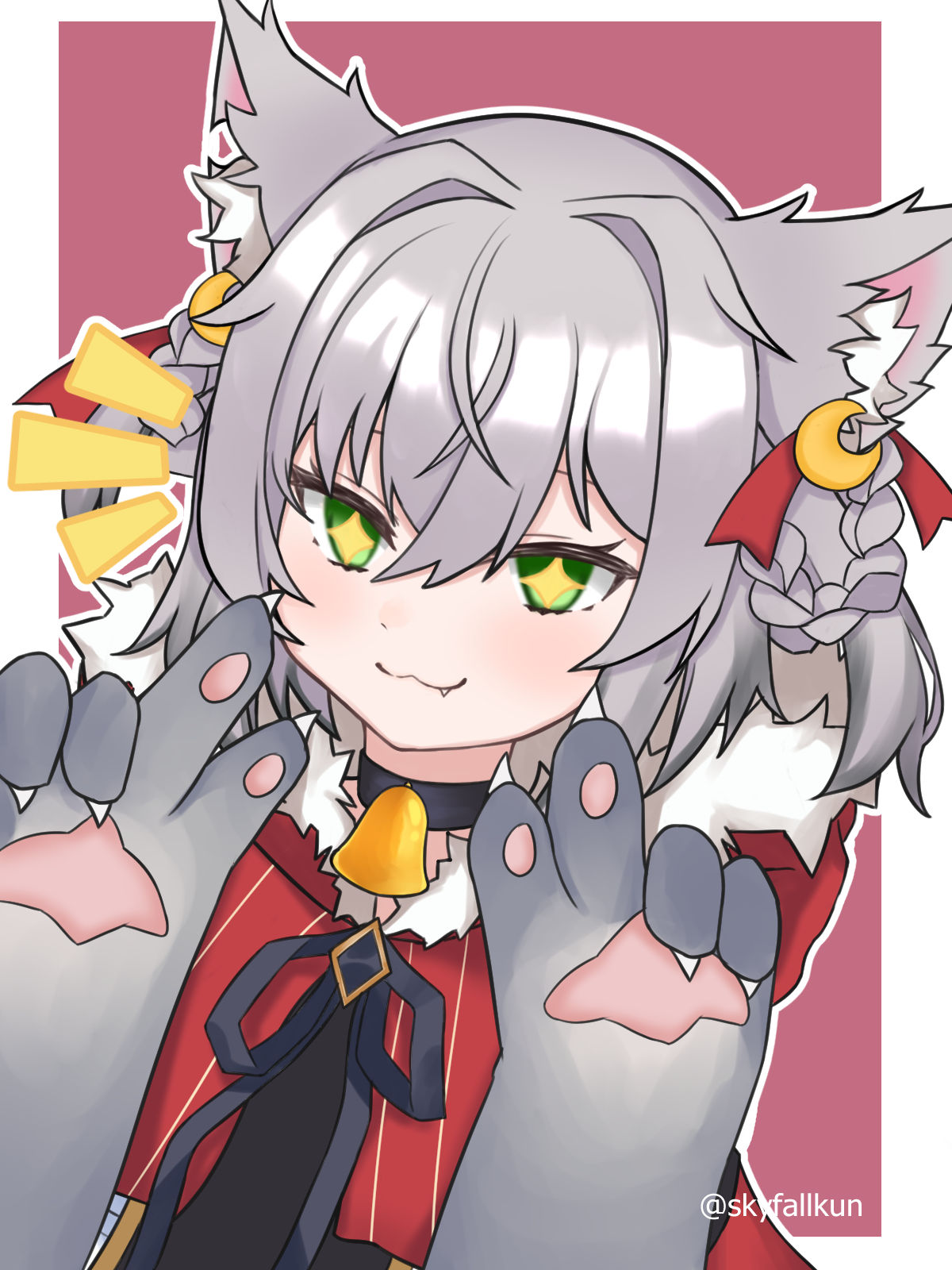 +_+ 1girl =3 animal_ear_fluff animal_ears animal_hands bangs bell choker crossed_bangs fang fur-trimmed_hood fur_trim hair_ribbon highres hood kamizuki_naki looped_braids neck_bell notched_ear prism_project ribbon short_hair silver_hair skyfall_kun solo virtual_youtuber wolf_ears wolf_girl