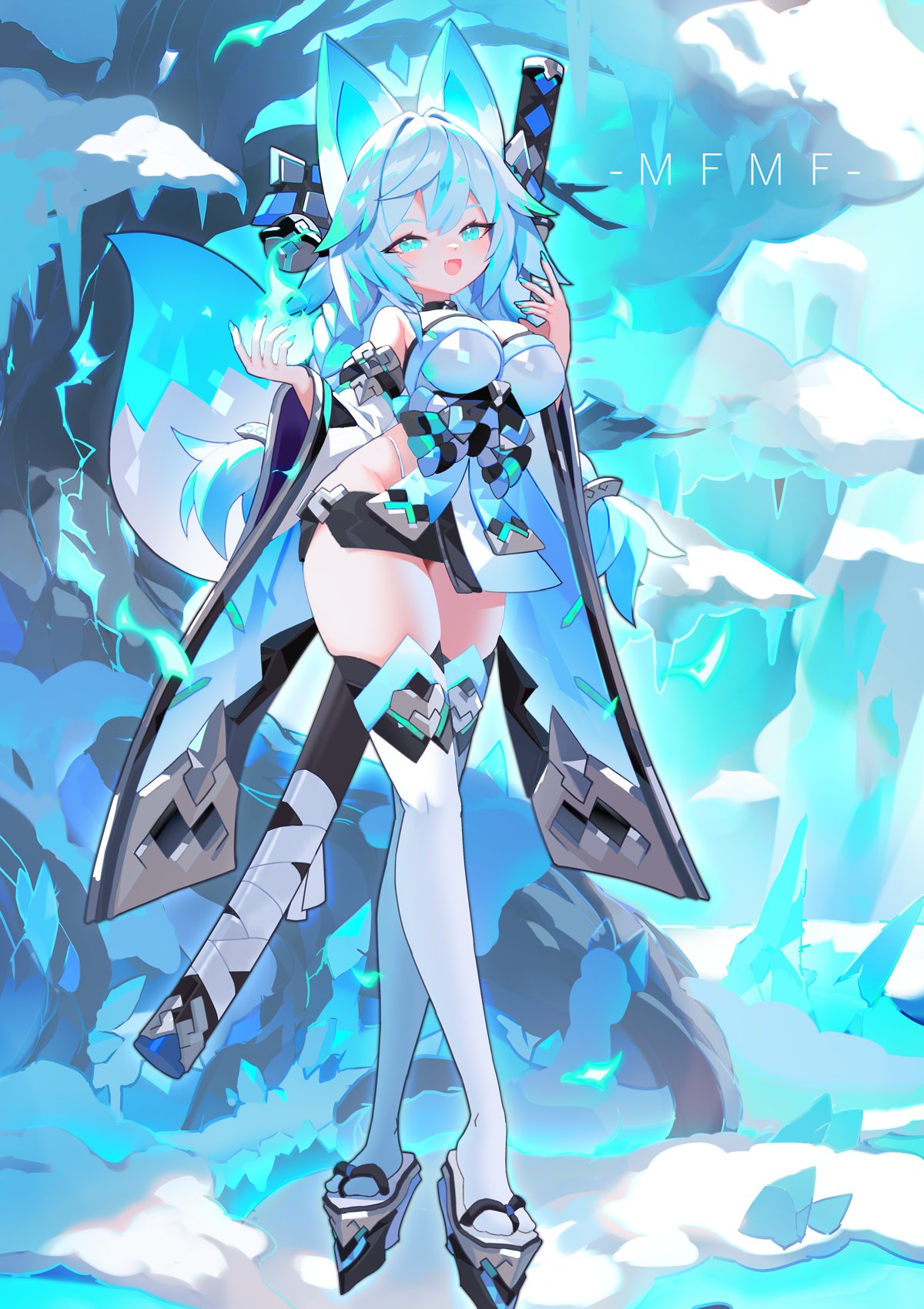 1girl :d animal_ears aqua_nails bangs blue_fire blue_theme breasts character_request commentary_request copyright_request eyebrows_visible_through_hair fang fantasy fire full_body groin hair_between_eyes hair_intakes hands_up highres large_breasts light_blue_eyes long_hair looking_at_viewer mamuru open_mouth panties platform_footwear sandals silver_hair smile snow solo standing string_panties sword thigh-highs underwear weapon white_panties zettai_ryouiki