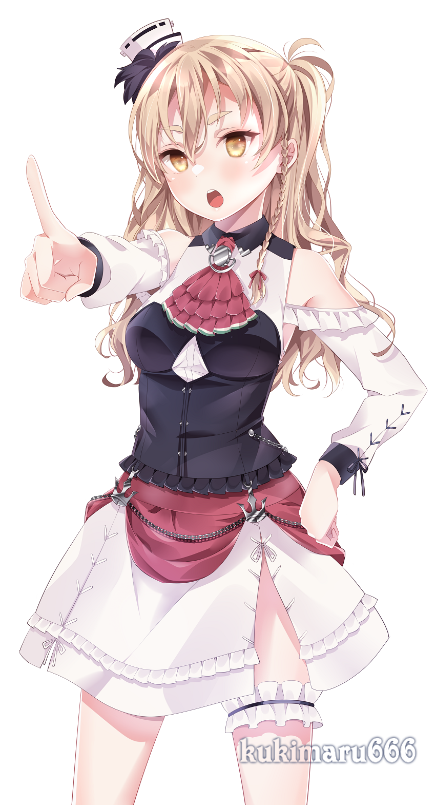 1girl ascot blonde_hair blush braid commission corset cowboy_shot eyebrows_visible_through_hair hair_between_eyes hat highres index_finger_raised kantai_collection kukimaru long_hair long_sleeves mini_hat open_mouth red_ascot shirt simple_background skeb_commission skirt solo teeth twitter_username upper_teeth wavy_hair white_background white_headwear white_shirt yellow_eyes zara_(kancolle)