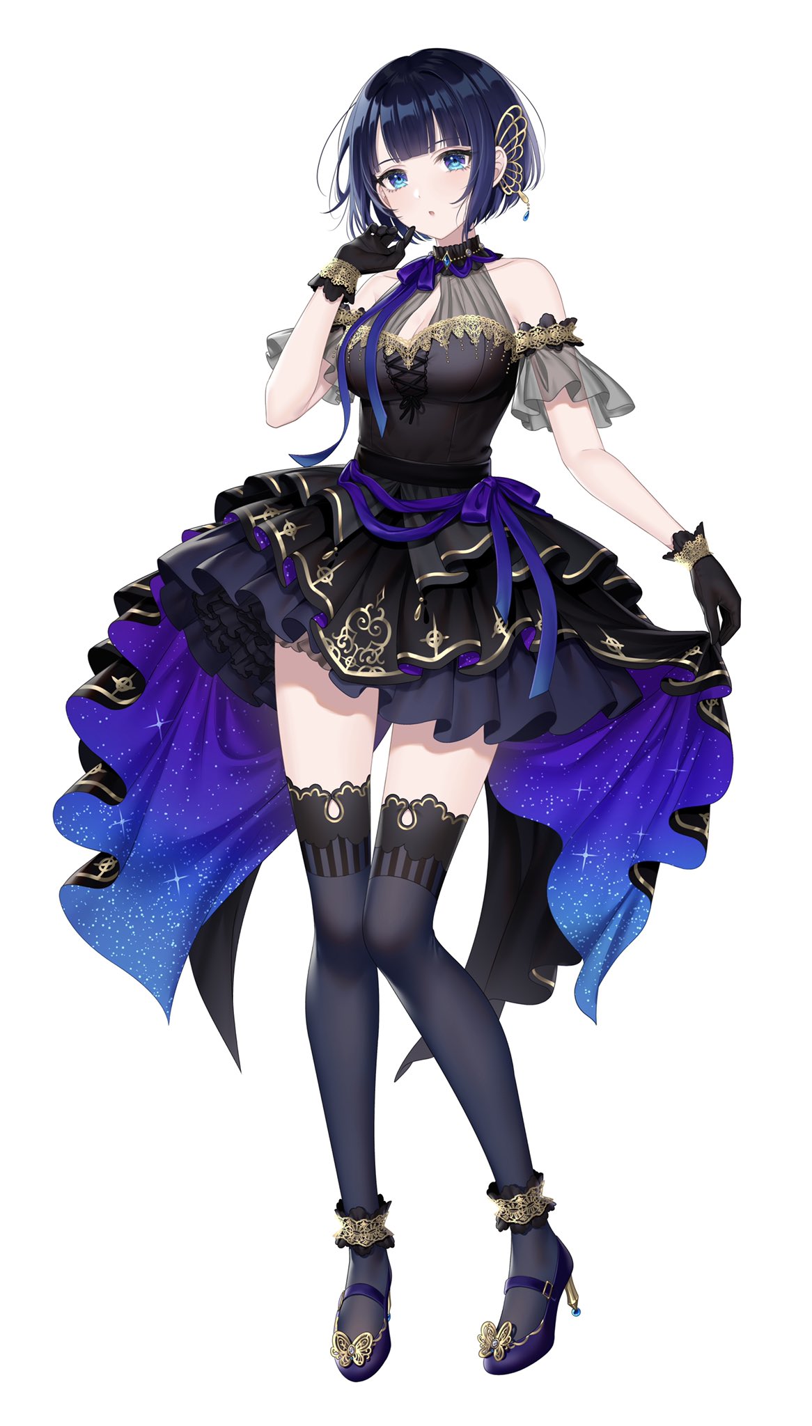1girl :o ankle_garter arm_at_side bangs black_gloves blue_eyes breasts character_request dark_blue_hair dress frilled_dress frills gloves hair_ornament halter_dress halterneck hand_up highres indie_virtual_youtuber looking_at_viewer mairo mary_janes medium_breasts open_mouth see-through shoes short_hair simple_background solo standing thigh-highs virtual_youtuber white_background