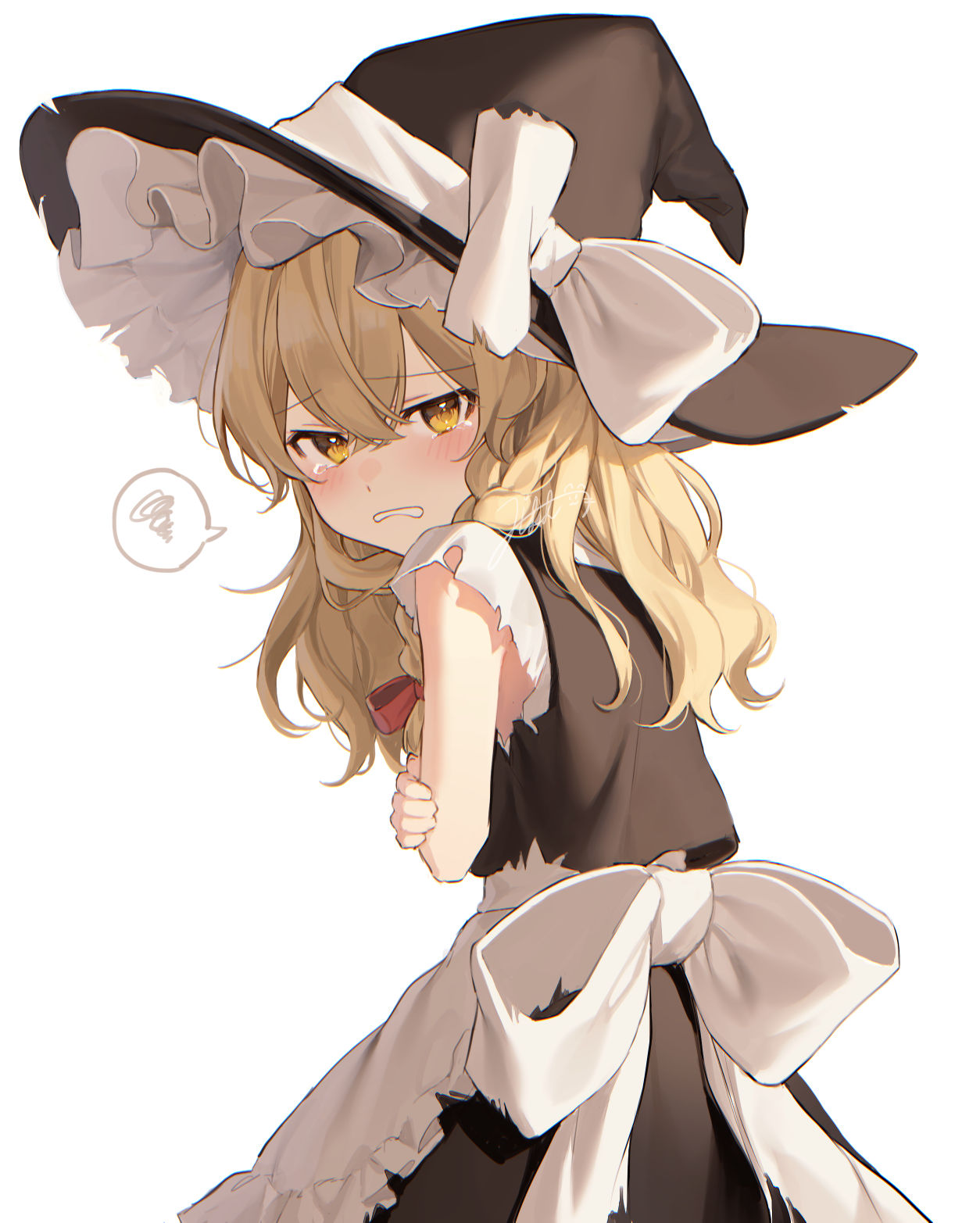 1girl apron back_bow bangs black_headwear black_skirt black_vest blonde_hair blush bow braid clenched_teeth closed_mouth commentary_request covering covering_breasts embarrassed eyebrows_visible_through_hair eyelashes feet_out_of_frame frilled_apron frills furrowed_brow hair_between_eyes hair_ribbon hat highres jill_07km kirisame_marisa long_hair looking_at_viewer ribbon sash shirt simple_background single_braid skirt solo spoken_squiggle squiggle standing tearing_up tears teeth torn_apron torn_clothes torn_sleeves touhou tress_ribbon vest white_apron white_background white_sash white_shirt witch_hat yellow_eyes