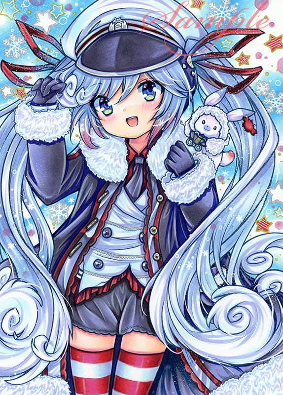 1girl 1other :d animal_on_shoulder bangs black_coat black_gloves black_necktie black_shorts blue_background blue_eyes blue_hair blush buttons coat commentary cowboy_shot dot_nose eyebrows_visible_through_hair frilled_vest fur-trimmed_coat fur_trim gloves hair_between_eyes hair_ribbon hand_up hat hatsune_miku long_hair long_sleeves looking_at_viewer marker_(medium) necktie open_clothes open_coat rabbit_yukine red_legwear red_ribbon red_shirt ribbon rui_(sugar3) sailor_hat sample_watermark shirt shorts silver_hair smile snowflakes standing star_(symbol) striped striped_legwear thigh-highs traditional_media twintails very_long_hair vest vocaloid white_hair white_headwear white_vest yuki_miku yuki_miku_(2022)