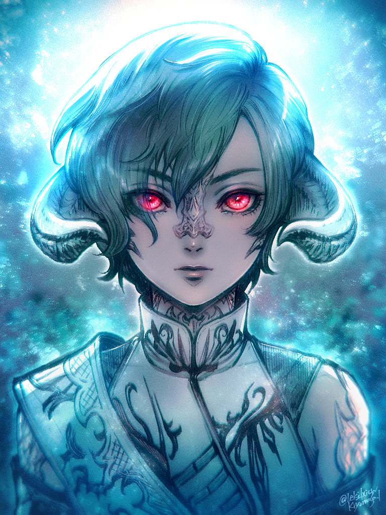 1boy au_ra bangs blue_background curled_horns dragon_horns eyebrows_visible_through_hair eyes_visible_through_hair final_fantasy final_fantasy_xiv glowing glowing_eyes green_hair high_collar horns leki_ixion looking_at_viewer male_focus portrait red_eyes scales short_hair signature solo swept_bangs twitter_username varshahn