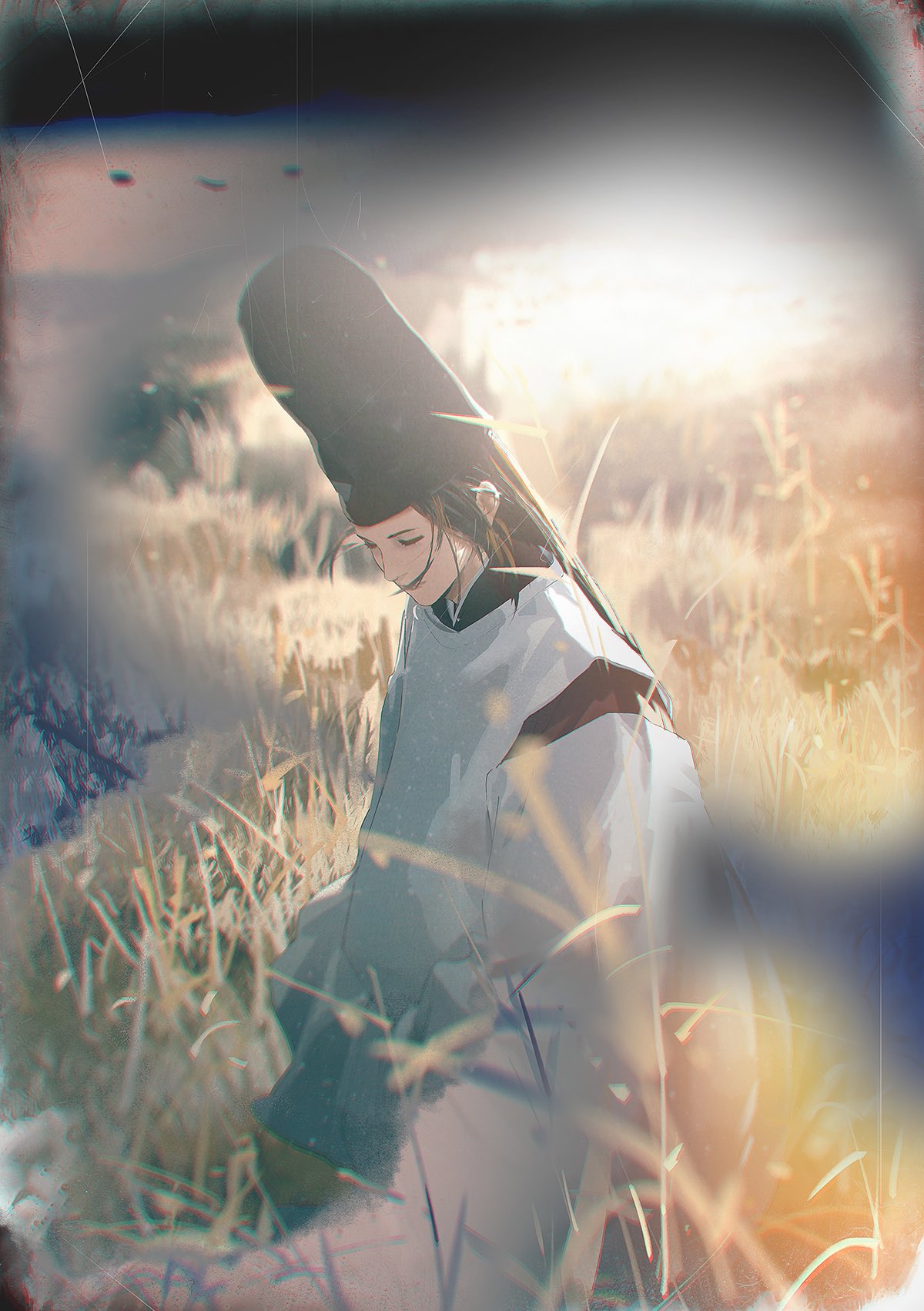 1boy backlighting bishounen black_hair blurry closed_eyes day depth_of_field field fujiwara_no_sai hat highres hikaru_no_go japanese_clothes kariginu long_hair looking_down male_focus nature outdoors solo tate_eboshi wind wind_lift wisda