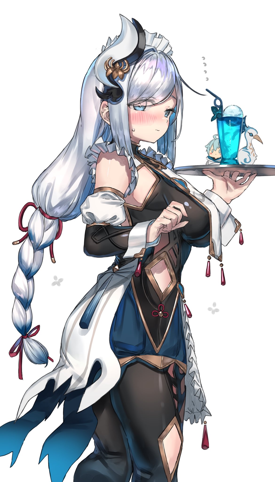 1girl alternate_costume apron bangs black_bodysuit blue_eyes blue_hair blush bodysuit braid braided_ponytail breast_curtain breasts chongyun_(genshin_impact) closed_mouth clothing_cutout cloud_retainer_(genshin_impact) colored_inner_hair commentary crazy_straw cup detached_sleeves drink drinking_straw embarrassed enmaided eyebrows_visible_through_hair eyes_visible_through_hair feet_out_of_frame flower_knot frills from_side genshin_impact hair_ornament highres hip_vent holding holding_tray long_hair looking_at_viewer maid maid_apron maid_headdress medium_breasts multicolored_hair parted_bangs ranf shenhe_(genshin_impact) silver_hair simple_background solo sweatdrop tassel thigh_cutout tray two-tone_hair white_background wrist_cuffs