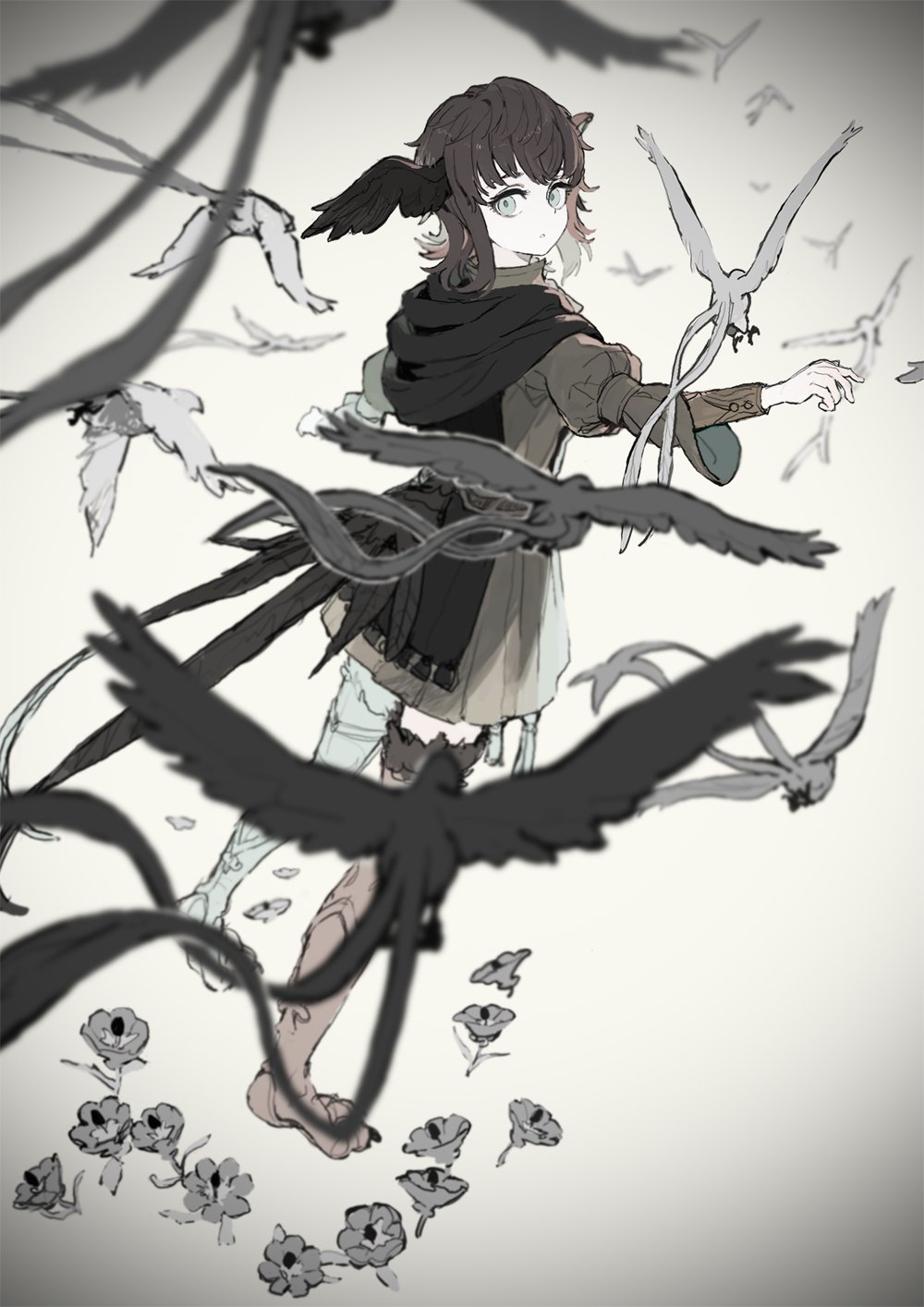 1girl atory_totory bird bird_girl bird_legs bird_tail bird_wings black_bird black_hair black_scarf blurry depth_of_field dress final_fantasy final_fantasy_xiv flower flying full_body gradient gradient_background grey_background grey_dress grey_eyes grey_flower head_wings highres limited_palette looking_back meteion outstretched_arms scarf short_hair solo spread_arms tail walking wings