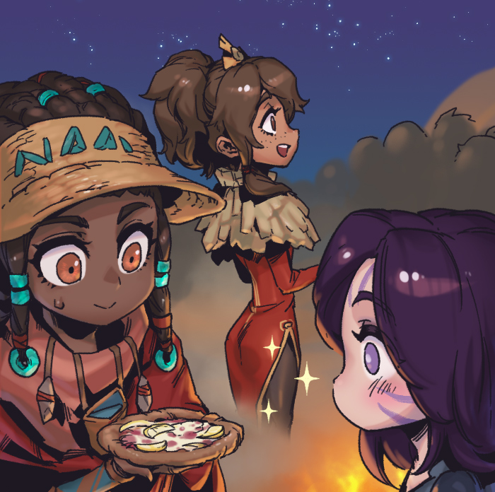 3girls :d bangs brown_eyes brown_hair character_request check_character dark-skinned_female dark_skin facial_mark food freckles hair_ribbon hairlocs holding holding_food kai'sa league_of_legends long_hair looking_at_another multiple_girls night night_sky official_alternate_costume phantom_ix_row pink_eyes pizza ponytail profile purple_hair ribbon senna_(league_of_legends) shiny_hiar sky smile sparkle standing taliyah teeth tress_ribbon true_damage_senna upper_teeth