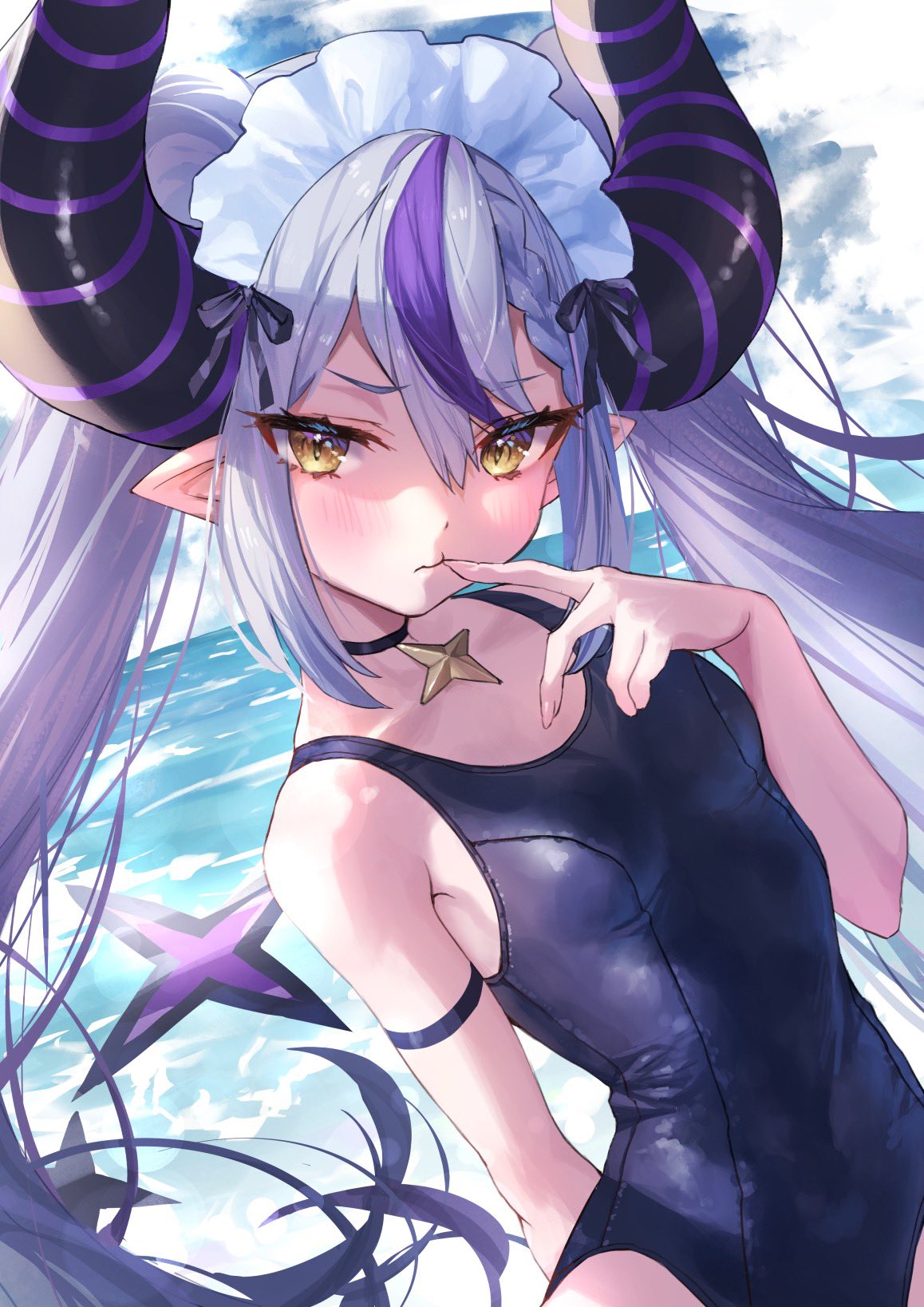 1girl arm_behind_back bangs bare_shoulders black_choker blue_swimsuit blush breasts choker clouds cloudy_sky commentary_request demon_horns eyebrows_visible_through_hair eyes_visible_through_hair finger_to_mouth hair_between_eyes hand_up highres hololive horns la+_darknesss long_hair looking_at_viewer maid_headdress misekiss multicolored_hair ocean one-piece_swimsuit outdoors pointy_ears purple_hair school_swimsuit silver_hair sky small_breasts solo streaked_hair swimsuit upper_body virtual_youtuber yellow_eyes