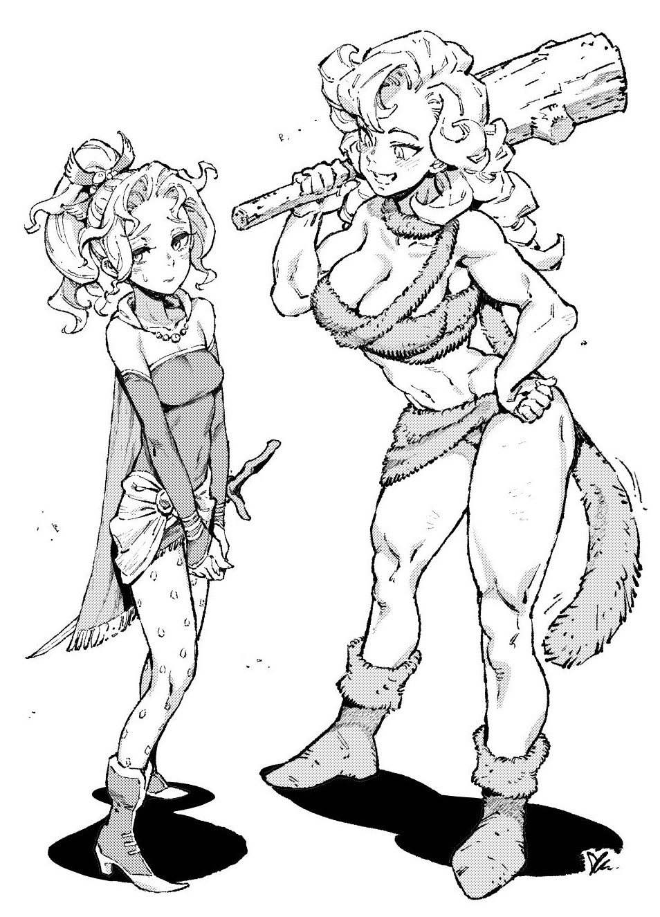 2girls ayla_(chrono_trigger) bare_shoulders blush boots cape character_request chrono_trigger closed_mouth club_(weapon) covered_navel final_fantasy final_fantasy_vi fur-trimmed_boots fur_trim greyscale half-closed_eyes hand_on_hip highres holding_club ireading jewelry long_hair looking_at_another looking_away messy_hair monochrome multiple_girls muscular muscular_female navel necklace off_shoulder over_shoulder own_hands_together panties pantyshot patterned patterned_clothing polka_dot polka_dot_legwear ponytail signature simple_background smile standing sweat sword teeth tina_branford underwear weapon weapon_over_shoulder white_background