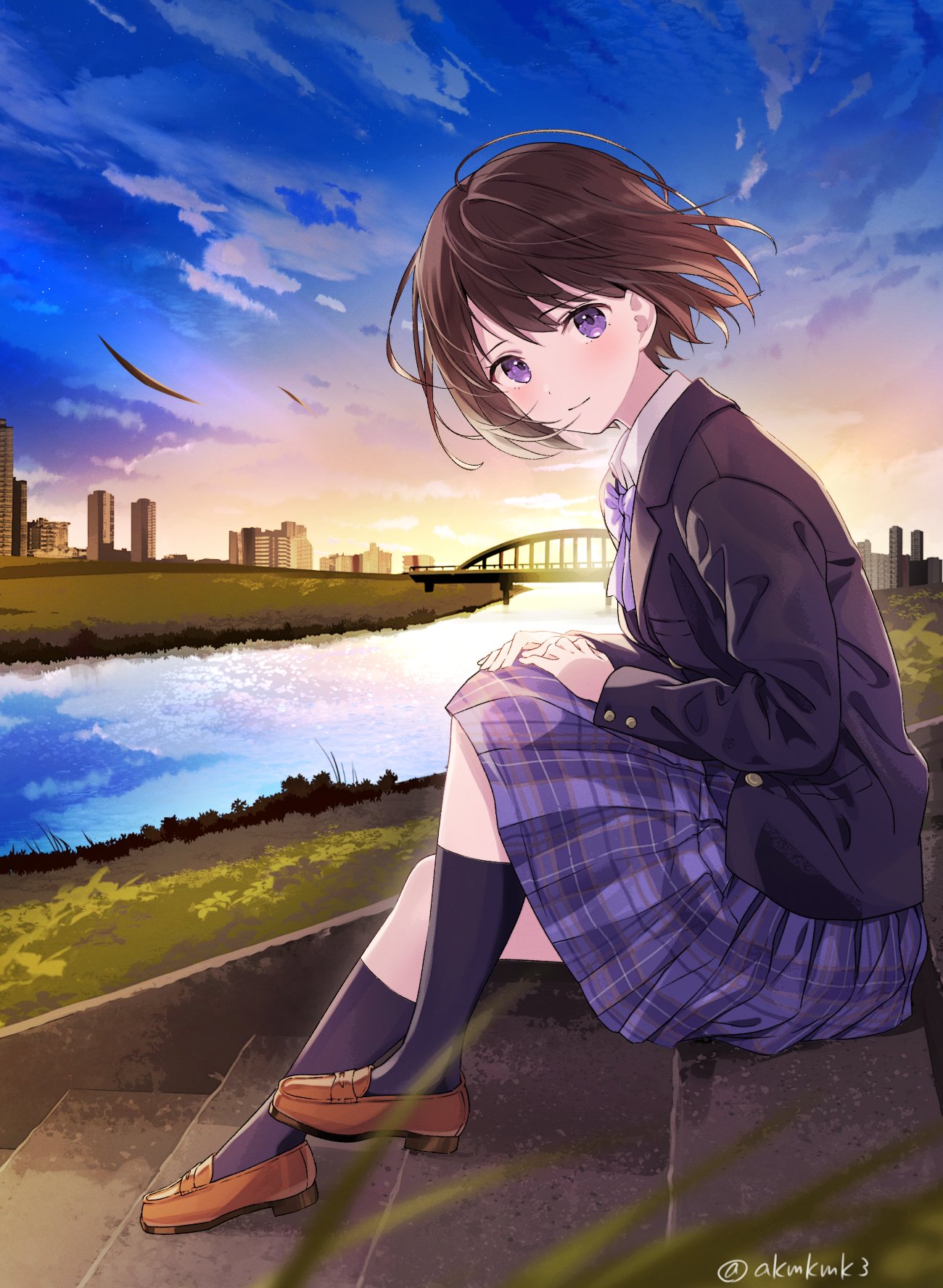 1girl akamoku bangs banned_artist black_jacket blue_sky bridge brown_hair building closed_mouth collared_shirt commentary day eyebrows_visible_through_hair grass hair_between_eyes hands_on_own_knees highres jacket knees_up light_blush looking_at_viewer neckerchief outdoors plaid plaid_skirt purple_neckerchief purple_skirt river school_uniform shirt sitting skirt sky smile solo stairs sunset twitter_username violet_eyes white_shirt