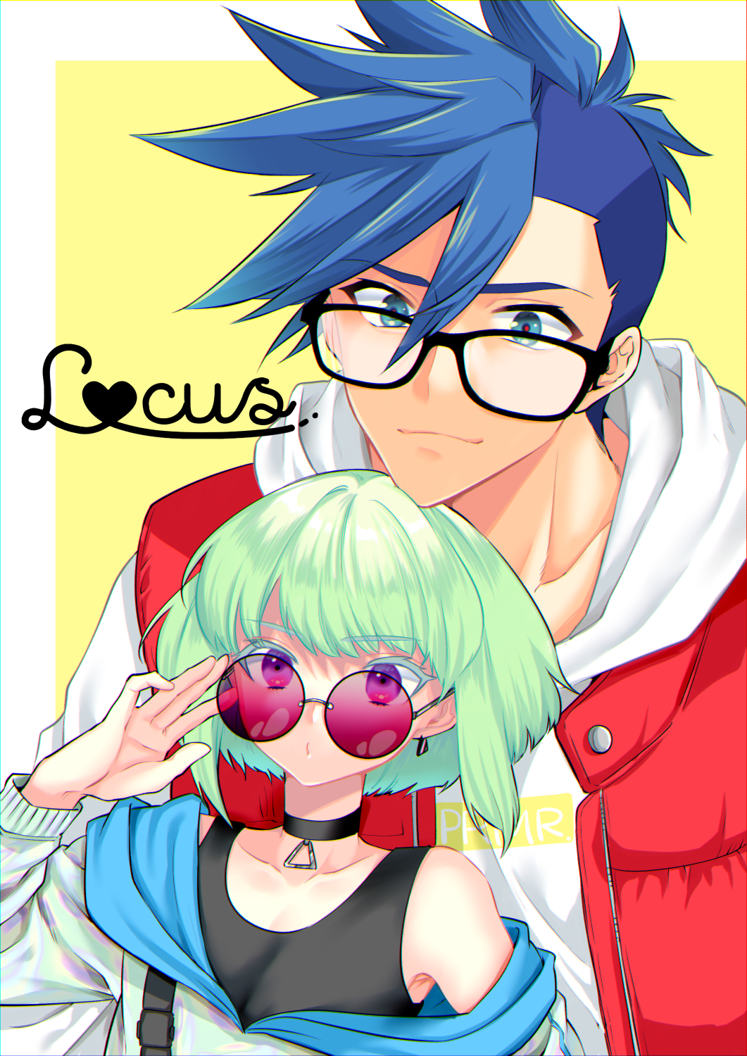 1boy androgynous blue_eyes blue_hair crossdressing galo_thymos glasses green_hair highres hood hoodie jacket kisaki030p lio_fotia maid male_focus otoko_no_ko promare short_hair spiky_hair sunglasses tank_top