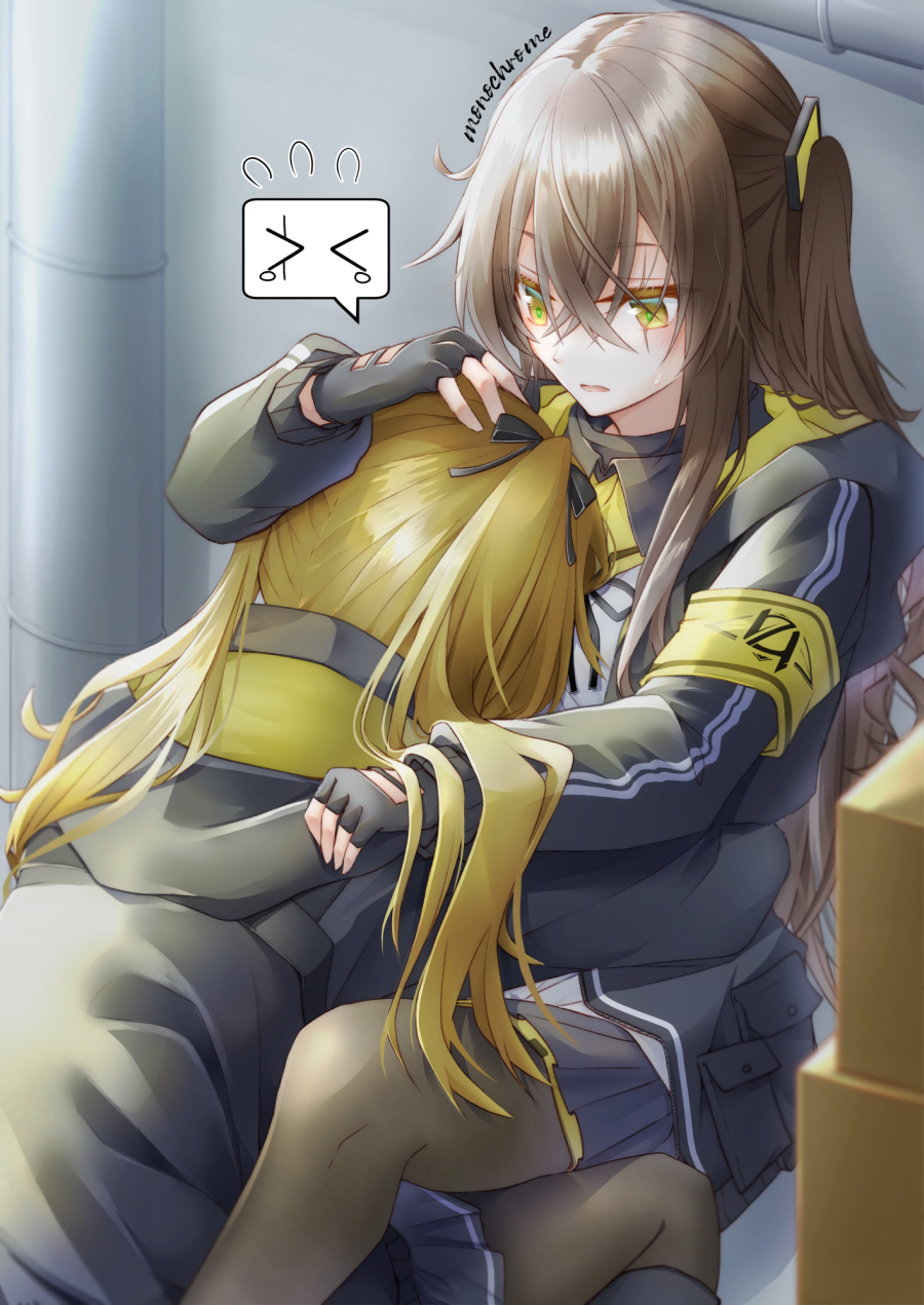 2girls armband bangs black_bow black_footwear black_hoodie black_jacket black_legwear black_ribbon blonde_hair blue_skirt bow box brown_hair cardboard_box commentary_request eyebrows_behind_hair feet_out_of_frame fingerless_gloves girls_frontline gloves green_eyes hair_between_eyes hair_bow hand_on_another's_head hand_up head_on_chest highres hood hoodie hug jacket long_hair long_sleeves looking_at_another monokuro_(sekahate) multicolored_eyes multiple_girls pantyhose parted_lips pleated_skirt pouch ribbon scar scar_across_eye skirt spoken_expression twintails ump45_(girls'_frontline) ump9_(girls'_frontline) yellow_eyes