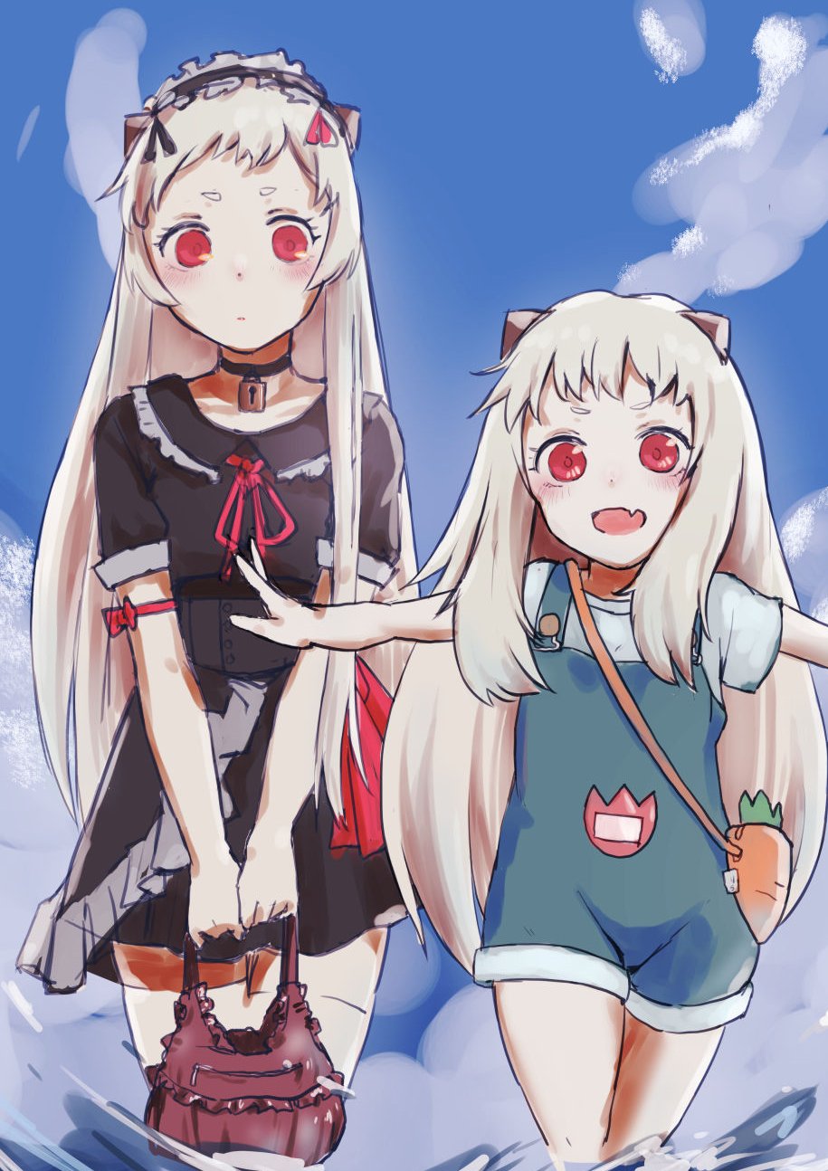 2girls abyssal_ship airfield_princess alternate_costume bag black_dress blue_sky carrot clouds colored_skin commentary_request dress frilled_dress frilled_hairband frills hairband highres kantai_collection long_hair multiple_girls northern_ocean_princess outstretched_arms overalls red_eyes sakieko shirt sky t-shirt wading water white_hair white_shirt white_skin