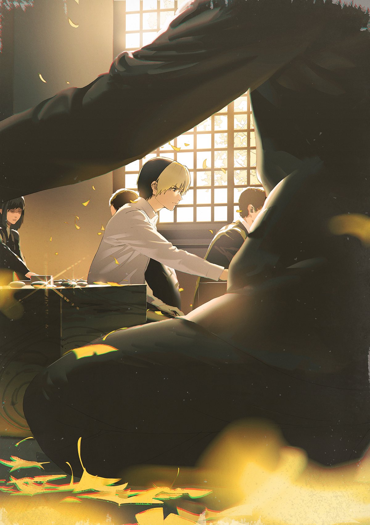 1boy black_hair blonde_hair blurry board_game collared_shirt depth_of_field dyed_bangs faceless falling_leaves ginkgo_leaf go_(board_game) highres hikaru_no_go leaf looking_at_object male_focus out_of_frame seiza shindou_hikaru shirt sitting solo_focus white_shirt window wisda yellow_eyes