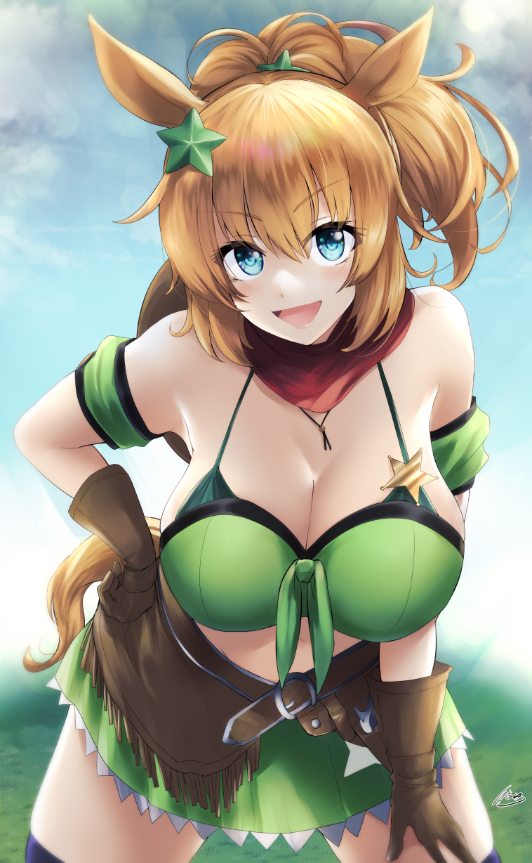 1girl :d animal_ears bandeau bangs bare_shoulders bikini bikini_under_clothes blue_eyes blue_sky breasts brown_gloves brown_hair commentary_request cowboy_shot day detached_sleeves eyebrows_visible_through_hair front-tie_top gloves green_skirt hair_ornament highres horse_ears ibara_azuki large_breasts leaning_forward long_hair looking_at_viewer midriff outdoors ponytail red_scarf scarf short_sleeves skirt skirt_set sky smile solo standing star_(symbol) star_hair_ornament strapless swimsuit taiki_shuttle_(umamusume) tube_top umamusume