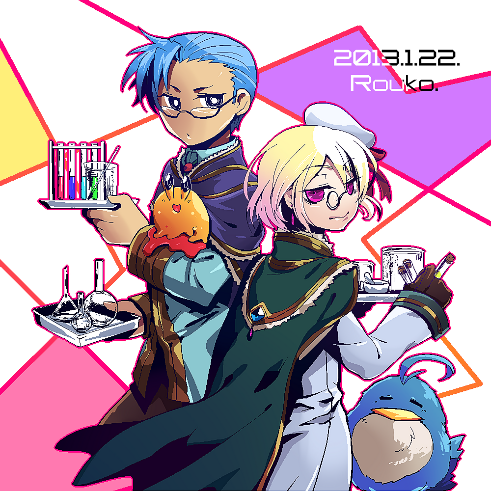 2boys alchemist_(ragnarok_online) alternate_color asymmetrical_hair bangs bird black_eyes blonde_hair blue_cape blue_coat blue_hair bright_pupils brown_gloves brown_pants cape closed_mouth coat commentary_request cowboy_shot dated erlenmeyer_flask eyebrows_visible_through_hair filir_(ragnarok_online) flask gloves green_cape jaggy_lines long_sleeves looking_at_viewer looking_back male_focus monocle mortar multiple_boys open_mouth pants pestle pince-nez pink_eyes potion ragnarok_online rouko_(shichizai_shichifuku) round-bottom_flask short_hair slime_(creature) vanilmirth_(ragnarok_online) vial white_coat white_pupils