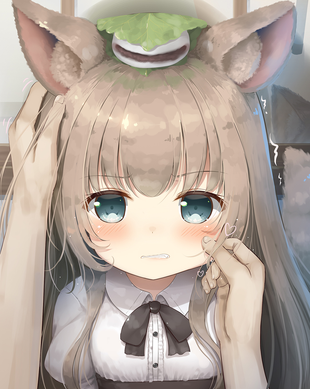 1girl 1other animal_ear_fluff animal_ears annoyed blue_eyes blush brown_hair cheek_pinching clenched_teeth dog_ears dog_girl dog_tail food food_on_head hand_on_another's_cheek hand_on_another's_face hand_on_another's_head highres leaf leaf_on_head looking_at_viewer object_on_head original petting pinching pov psyche3313 shirt tail teeth trembling upper_body white_shirt