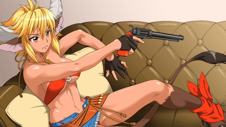 1girl angry animal_ears artist_request bad_gun_anatomy bandana bangs belt black_gloves blonde_hair breasts brown_eyes bullet cow_ears cow_girl cow_tail denim denim_skirt earrings eyebrows_visible_through_hair game_cg gloves gun holding holding_gun holding_weapon holster hooves horns jewelry medium_breasts monster_girl monster_musume_no_iru_nichijou monster_musume_no_iru_nichijou_online o-ring o-ring_top official_art open_fly orange_panties panties partially_fingerless_gloves revolver rope_belt short_hair single_earring skirt solo tail terios_(monster_musume) trigger_discipline underwear upskirt weapon