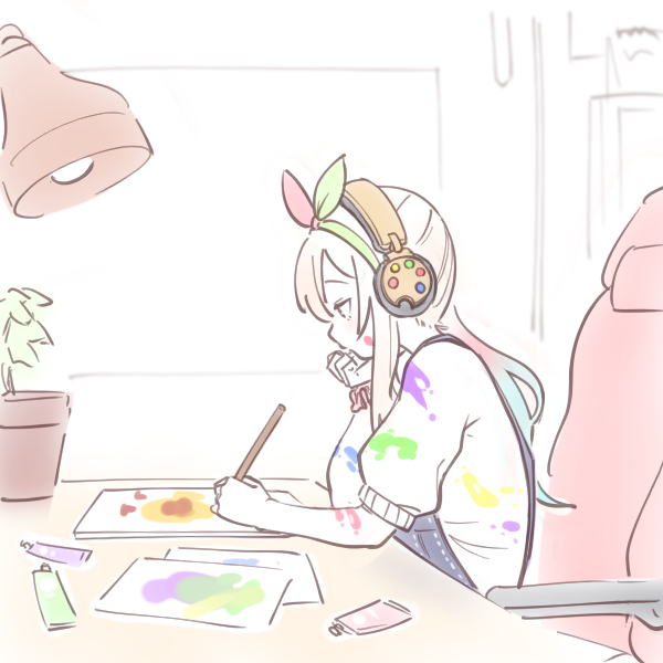 1girl airani_iofifteen chair drawing english_commentary hair_ribbon hand_on_own_cheek hand_on_own_face hand_on_table hololive hololive_indonesia indoors lamp listening_to_music plant potted_plant ribbon sitting solo table yoruny