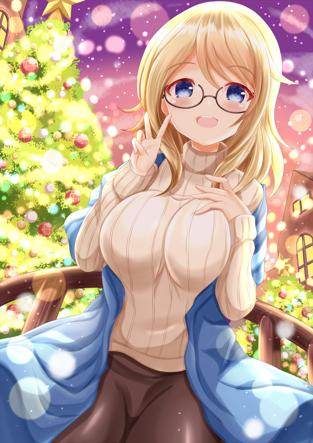 1girl :d aoyama_blue_mountain bangs black-framed_eyewear blonde_hair blue_eyes blush brown_skirt christmas christmas_ornaments christmas_tree commentary_request eyebrows_visible_through_hair glasses gochuumon_wa_usagi_desu_ka? hands_up highres long_sleeves looking_at_viewer railing ribbed_sweater semi-rimless_eyewear skirt sleeves_past_wrists smile solo star_(symbol) sweater teeth turtleneck turtleneck_sweater under-rim_eyewear upper_teeth v white_sweater zenon_(for_achieve)