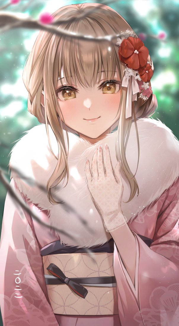 1girl 2022 bangs blush branch brown_eyes brown_hair eyebrows_visible_through_hair floral_print flower fur-trimmed_kimono fur_trim gloves hair_flower hair_ornament japanese_clothes kimono lace-trimmed_gloves lace_trim lipstick long_hair long_sleeves looking_at_viewer makeup nail_polish obi original outdoors pink_kimono pink_nails ribbon sash see-through sidelocks smile solo upper_body white_gloves wide_sleeves zattape