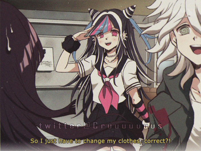 2girls :d bangs black_hair black_skirt blue_hair collarbone criis-chan danganronpa_(series) danganronpa_2:_goodbye_despair english_commentary eyebrows_visible_through_hair green_jacket grey_hair hair_horns indoors jacket komaeda_nagito long_hair looking_at_viewer mioda_ibuki multicolored_hair multiple_girls open_clothes open_jacket pink_eyes pink_hair pleated_skirt salute scrunchie shiny shiny_hair shirt skirt smile sweat teeth tongue tsumiki_mikan upper_teeth white_shirt wrist_scrunchie