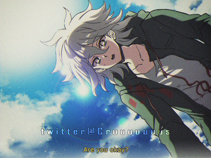 1boy antenna_hair bangs blue_sky clouds cloudy_sky collarbone criis-chan danganronpa_(series) danganronpa_2:_goodbye_despair day english_commentary english_text from_below green_jacket grey_hair grey_shirt jacket komaeda_nagito looking_at_viewer male_focus messy_hair open_clothes open_jacket outdoors print_shirt shirt sky solo teeth twitter_username upper_teeth