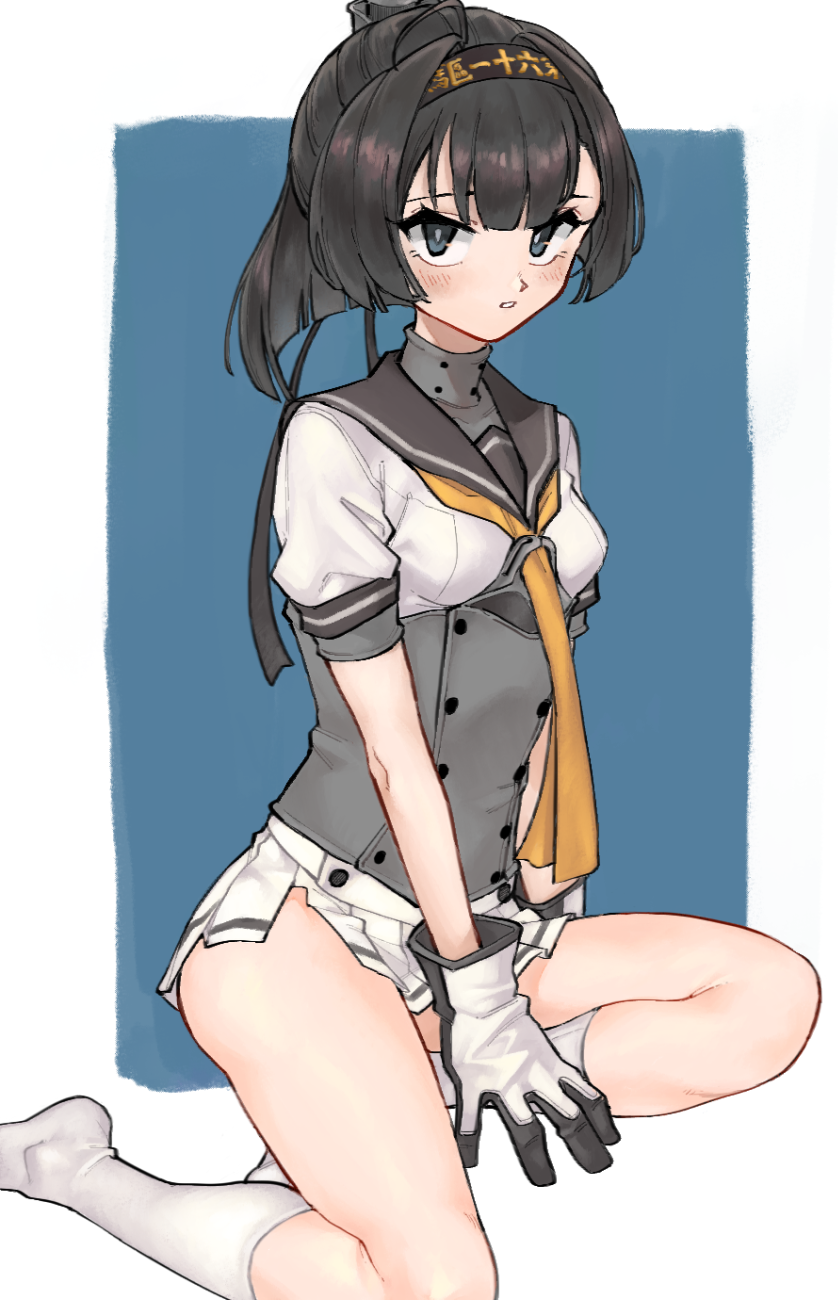 1girl akizuki_(kancolle) bangs black_hair black_sailor_collar blue_eyes blush breasts clothes_writing gloves hachimaki headband highres kantai_collection karutade kneehighs long_hair looking_at_viewer neckerchief parted_lips pleated_skirt ponytail sailor_collar school_uniform simple_background sitting skirt small_breasts solo two-tone_background white_legwear white_skirt yellow_neckerchief