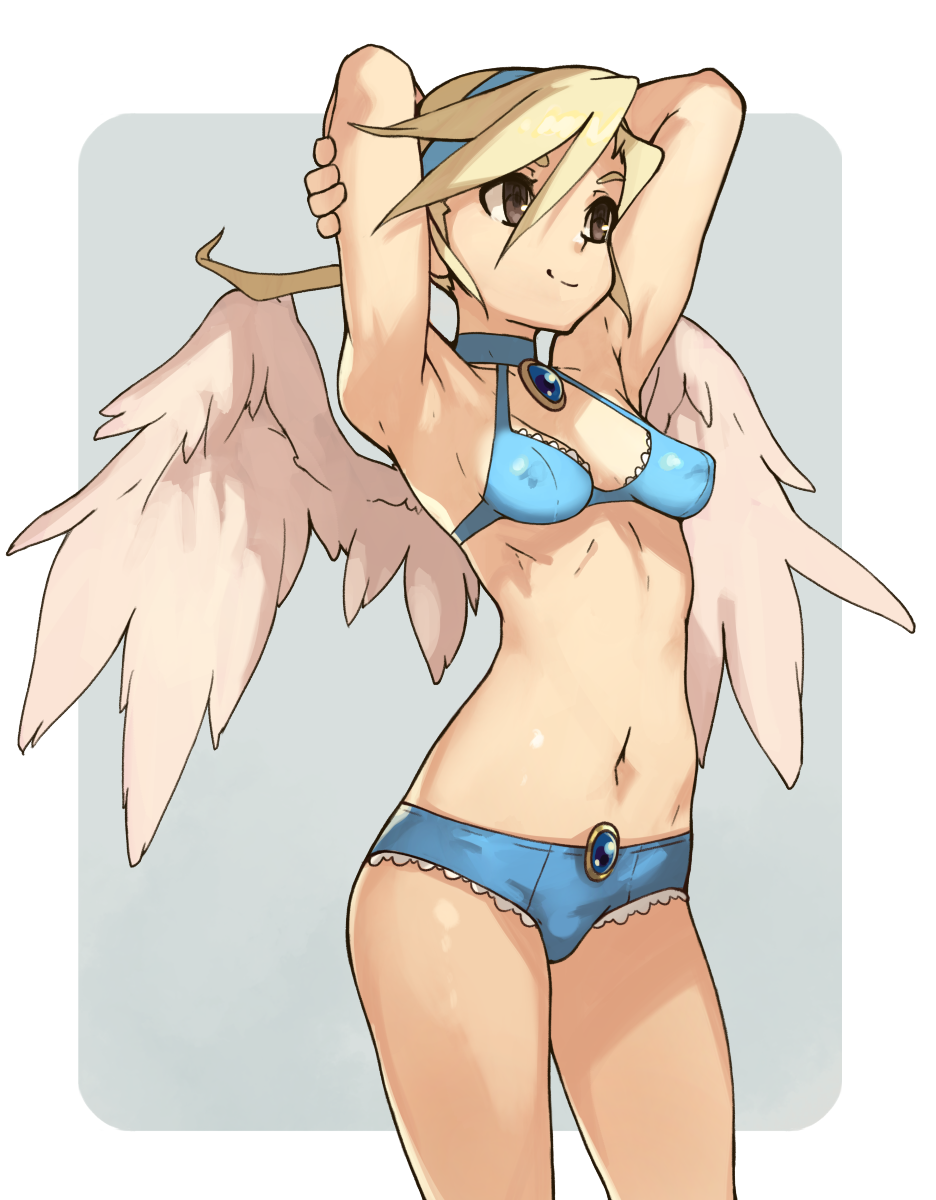 1girl angel_wings armpits arms_behind_head ayatsuki_nina blonde_hair blue_bra blue_hairband blue_panties border bra breasts breath_of_fire breath_of_fire_iv brooch brown_eyes chest_jewel closed_mouth cowboy_shot grey_background hairband hands_up highres jewelry medium_hair panties small_breasts smile solo standing underwear vins-mousseux white_border wings