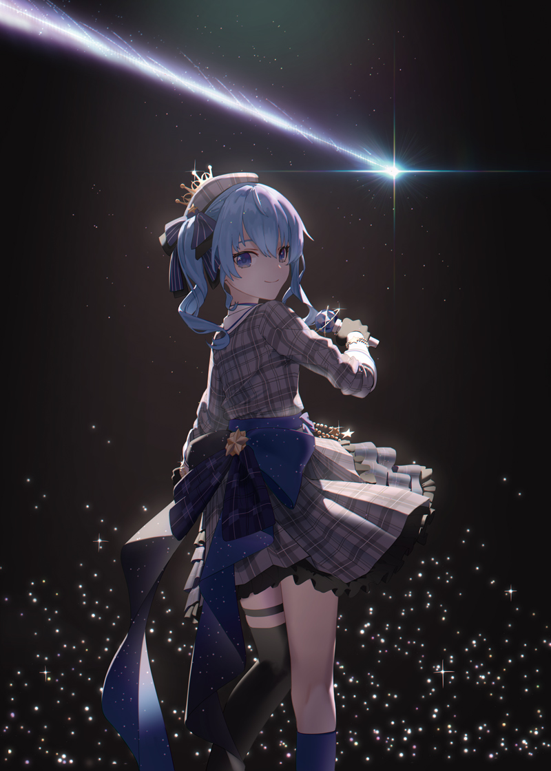 1girl alset back_bow bangs black_legwear blue_bow blue_eyes blue_hair blue_legwear bow closed_mouth comet commentary_request crown diffraction_spikes dress feet_out_of_frame glint grey_dress hair_between_eyes hair_bow hat holding holding_microphone hololive hoshimachi_suisei kneehighs layered_dress light looking_at_viewer looking_back medium_hair microphone plaid plaid_dress sidelocks single_kneehigh single_thighhigh smile solo sparkle standing star_(sky) star_(symbol) striped striped_bow thigh-highs virtual_youtuber