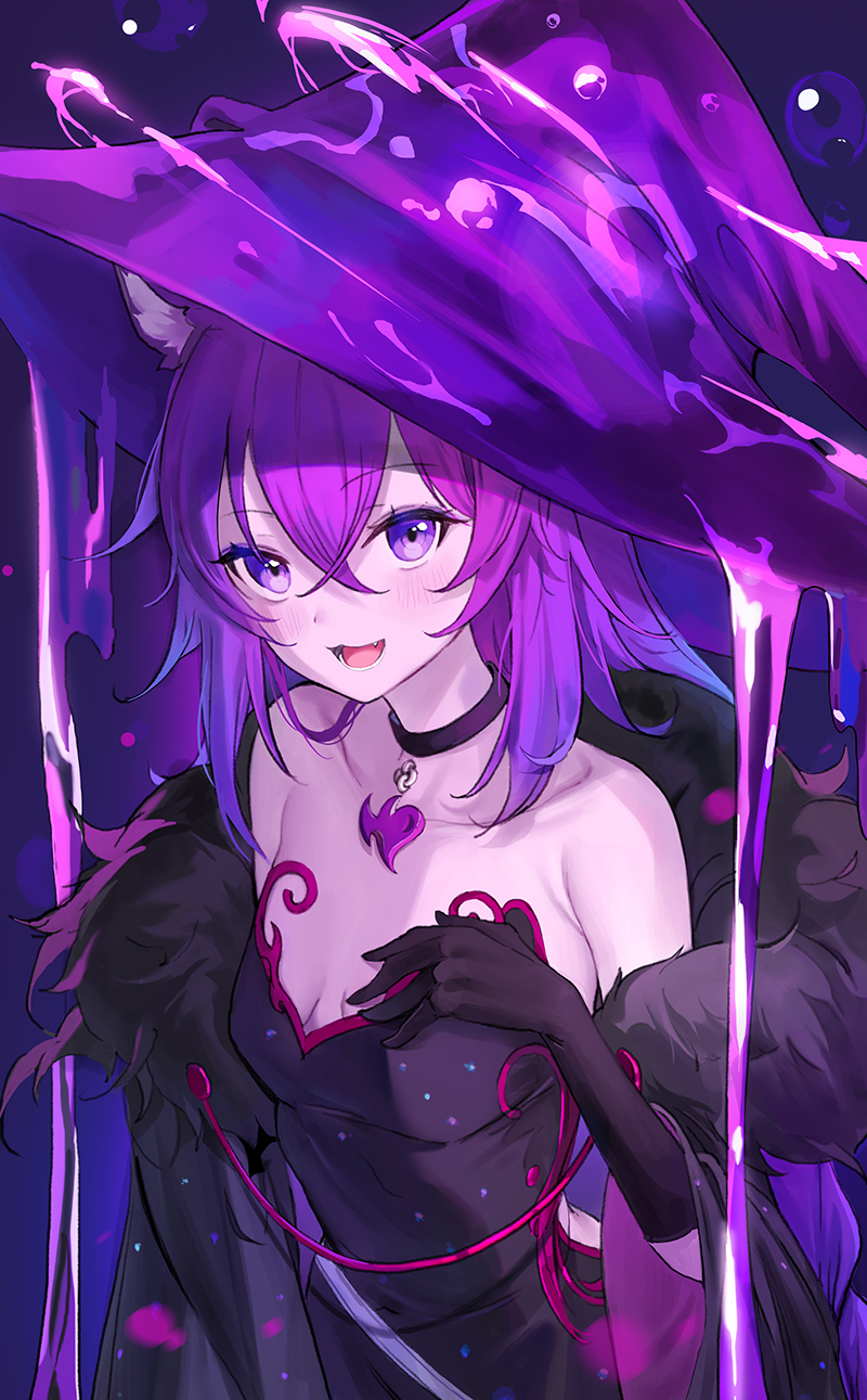 1girl :d alchemilla_menace bare_shoulders black_choker black_dress black_gloves breasts choker collarbone cyberlive dress emyo fang feather_boa gloves hat highres long_hair looking_at_viewer purple_hair purple_headwear purple_theme small_breasts smile solo strapless strapless_dress upper_body violet_eyes virtual_youtuber witch witch_hat