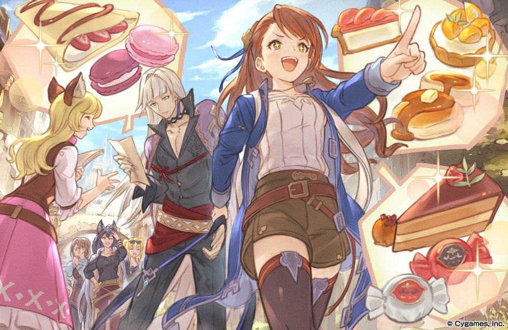 +_+ 1boy 5girls ^_^ artist_request beatrix_(granblue_fantasy) belt black_hair blonde_hair blouse brown_eyes brown_hair brown_legwear butter cake candy cassius_(granblue_fantasy) casual closed_eyes crepe dress erune food fruit glasses granblue_fantasy grey_eyes gwynne_(granblue_fantasy) hair_intakes hair_ribbon hand_on_hip holding_another's_wrist ilsa_(granblue_fantasy) long_hair macaron multiple_girls official_art one_eye_closed open_mouth pancake pie pink_dress pointing popped_collar ribbon shorts smile sparkle spoken_food strawberry sunglasses syrup thigh-highs twintails very_long_hair vest white_hair zeta_(granblue_fantasy)