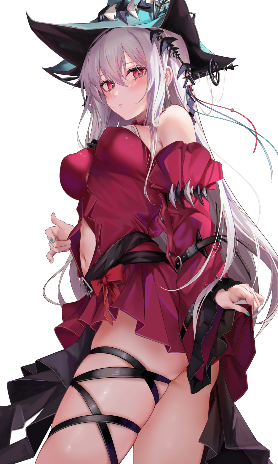 1girl aqua_nails arknights arm_strap bangs belt breasts closed_mouth clothing_cutout cowboy_shot detached_sleeves dress from_side hair_between_eyes hair_ornament hat hat_ornament headgear highres long_hair looking_at_viewer medium_breasts navel_cutout official_alternate_costume red_dress red_eyes ru_zhai simple_background skadi_(arknights) skadi_the_corrupting_heart_(arknights) solo thigh_strap thighs white_background white_hair witch_hat