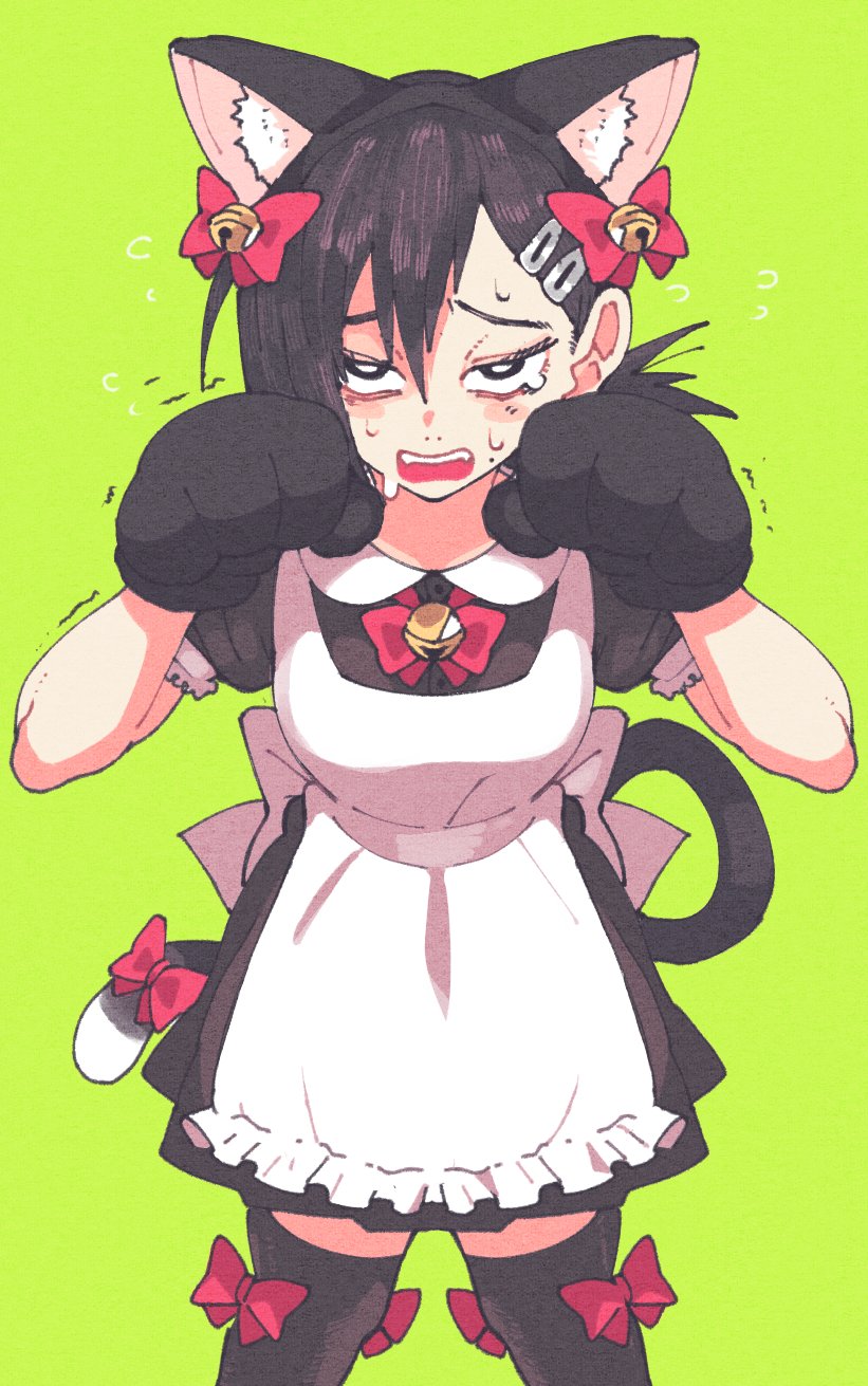 1girl animal_ear_fluff animal_ears animal_hands apron asymmetrical_bangs bangs bell black_dress black_eyes black_hair black_legwear bow bow_legwear bowtie breasts bright_pupils cat_ears cat_paws cat_tail chainsaw_man commentary crying dress english_commentary fake_animal_ears fangs feet_out_of_frame flying_sweatdrops frilled_apron frills furrowed_brow green_background hair_between_eyes hair_bow hair_ornament hairclip hands_up higashiyama_kobeni highres inkerton-kun jingle_bell long_hair looking_at_viewer maid mole_on_cheek open_mouth red_bow red_bowtie short_dress short_sleeves simple_background small_breasts solo sweat tail tail_bow tail_ornament teeth thigh-highs trembling upper_teeth white_apron white_pupils zettai_ryouiki