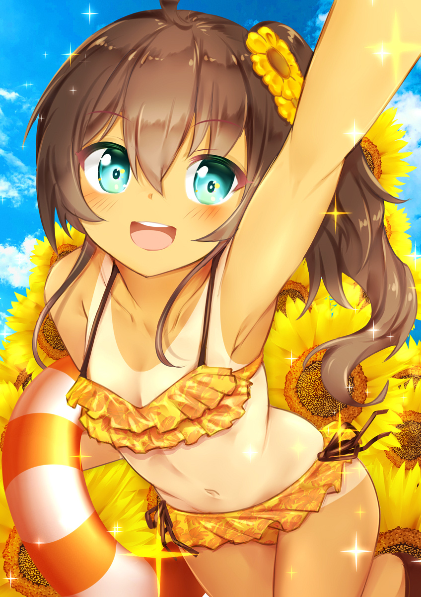 1girl ahoge aqua_eyes arm_behind_back blue_sky brown_hair clouds collarbone cowboy_shot dark_skin eyebrows_visible_through_hair flat_chest flower hair_between_eyes highres hololive innertube makumaxu natsuiro_matsuri navel open_mouth outdoors outstretched_arm side_ponytail sky solo sparkle sunflower swimsuit tan tanlines teeth upper_teeth virtual_youtuber