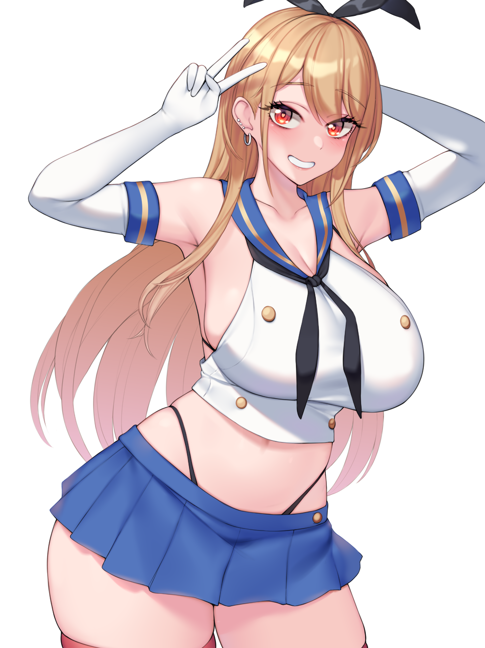 1girl black_bra black_neckerchief black_panties blonde_hair blue_skirt bra breasts cosplay crop_top ear_piercing elbow_gloves gloves highres huge_breasts kantai_collection kitagawa_marin kuavera long_hair miniskirt navel neckerchief panties piercing pleated_skirt red_eyes school_uniform serafuku shimakaze_(kancolle) shimakaze_(kancolle)_(cosplay) skirt smile solo sono_bisque_doll_wa_koi_wo_suru striped striped_legwear thong underwear v white_gloves