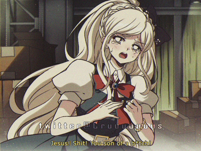 1girl bangs black_bow blonde_hair bow bowtie braid brooch brown_eyes collared_shirt criis-chan crying danganronpa_(series) danganronpa_2:_goodbye_despair dress english_commentary english_text eyebrows_visible_through_hair green_dress hair_bow jewelry long_hair ponytail puffy_short_sleeves puffy_sleeves red_bow red_bowtie shirt short_sleeves solo sonia_nevermind tears twitter_username