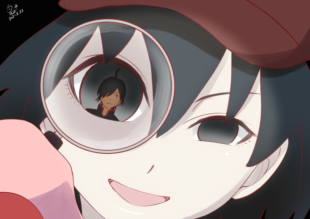 1boy 1girl ahoge araragi_koyomi bangs black_eyes black_hair black_shirt commentary_request dated hair_between_eyes hair_over_one_eye hat holding holding_magnifying_glass huumoon long_hair looking_at_viewer magnifying_glass monogatari_(series) open_mouth oshino_ougi red_headwear shirt short_hair signature sleeves_past_fingers sleeves_past_wrists smile