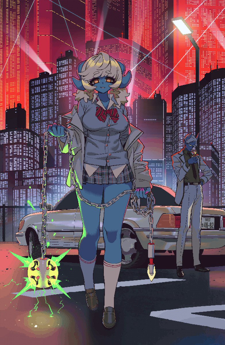 1boy 1girl blue_skin bow bowtie car cardigan chain city city_lights collared_shirt colored_skin glowing glowing_weapon ground_vehicle highres holding holding_weapon horns jacket kezime loafers motor_vehicle necktie off_shoulder oni open_clothes open_jacket orange_eyes original pink_nails shirt shoes smoking socks solo_focus standing weapon white_hair