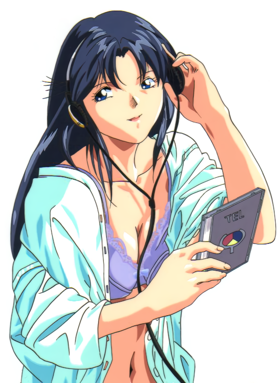 1990s_(style) 1girl adjusting_headphones blue_eyes blue_hair bra cd_case fujiwara_aya headphones holding long_hair navel non-web_source official_art open_clothes open_mouth open_shirt purple_bra retro_artstyle simple_background solo super_real_mahjong unbuttoned unbuttoned_shirt underwear white_background