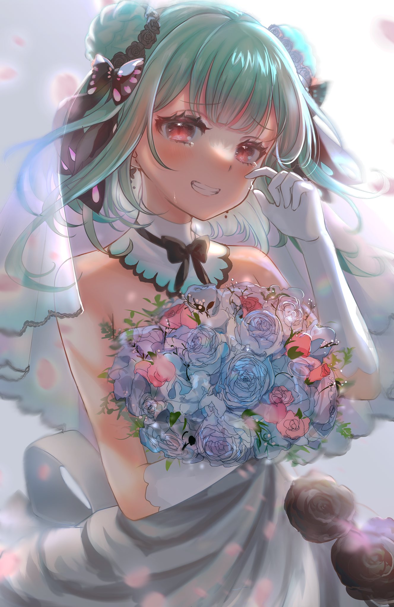 1girl bangs black_flower black_ribbon black_rose blue_flower blush bouquet commentary crying crying_with_eyes_open detached_collar double_bun dress elbow_gloves eyebrows_visible_through_hair flower frq4_h gloves green_hair grin hair_flower hair_ornament hair_ribbon highres holding holding_bouquet hololive looking_at_viewer pink_flower red_eyes ribbon rose short_hair smile solo symbol-only_commentary tears uruha_rushia virtual_youtuber white_dress white_gloves wiping_tears