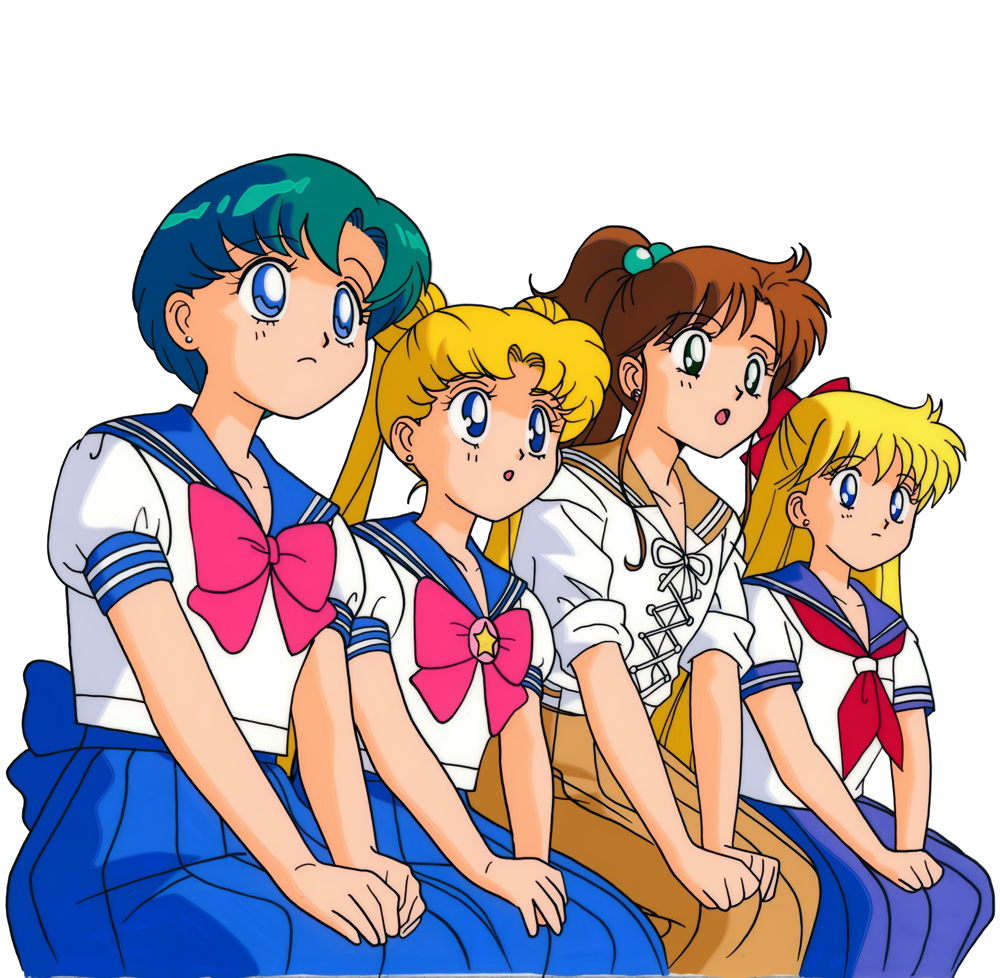 1990s_(style) 4girls :o aino_minako bangs bishoujo_senshi_sailor_moon blue_eyes blue_skirt bow brown_skirt double_bun earrings expressionless eyebrows_visible_through_hair feet_out_of_frame gaijin_4koma_(meme) green_eyes hair_bow hands_on_lap high_ponytail jewelry kino_makoto long_hair long_skirt meme mizuno_ami multiple_girls neckerchief non-web_source official_art open_mouth own_hands_together pleated_skirt retro_artstyle school_uniform serafuku short_hair short_sleeves simple_background skirt stud_earrings tsukino_usagi twintails v_arms white_background