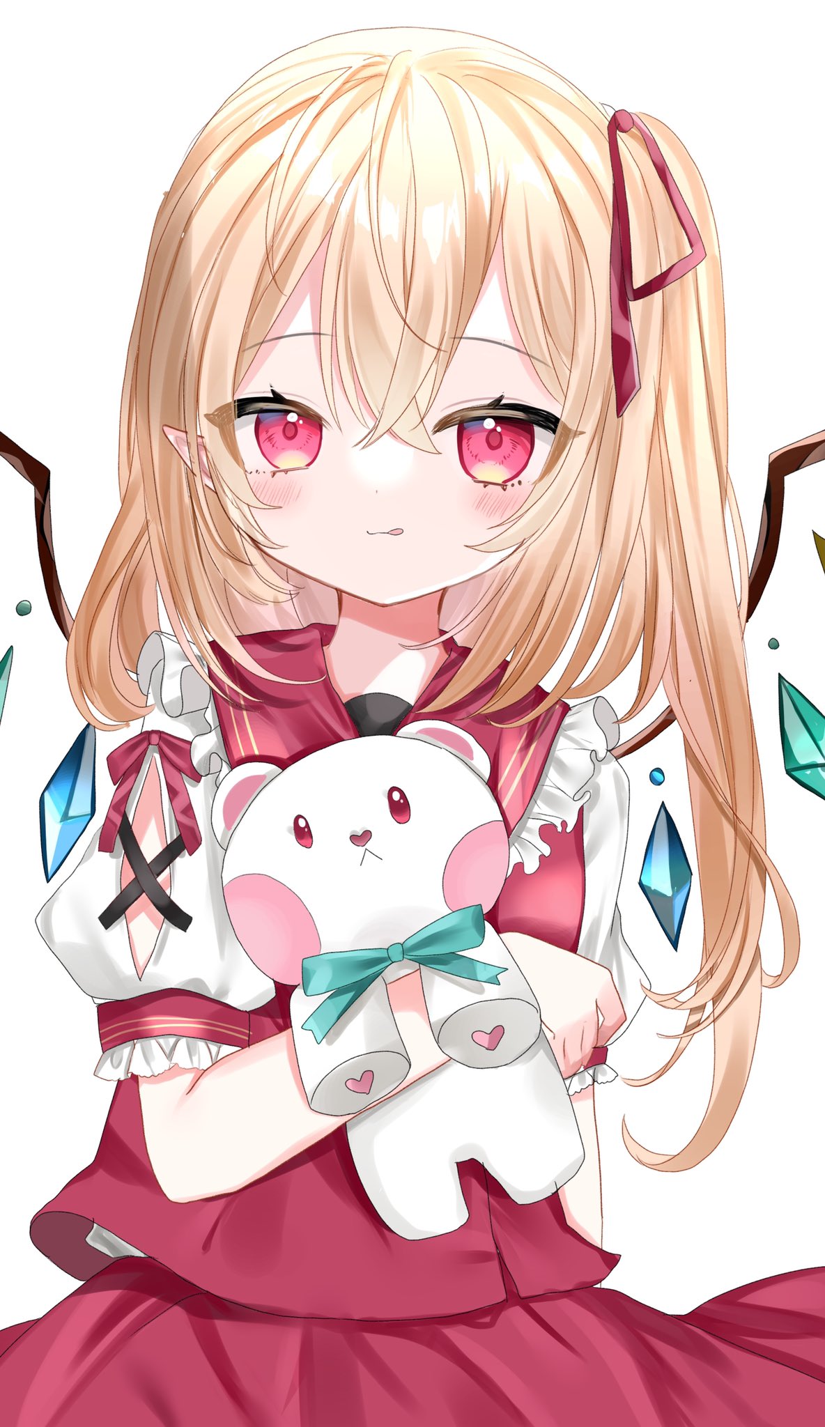 1girl :q adapted_costume arm_under_breasts bangs blonde_hair blush closed_mouth crossed_bangs crystal eyebrows_visible_through_hair flandre_scarlet frilled_shirt_collar frills hair_between_eyes hair_ribbon highres holding holding_stuffed_toy light_smile long_hair looking_at_viewer no_hat no_headwear okome2028 one_side_up pink_eyes pointy_ears puffy_short_sleeves puffy_sleeves red_ribbon red_skirt red_vest ribbon short_sleeves simple_background skirt solo stuffed_animal stuffed_toy teddy_bear tongue tongue_out touhou upper_body vest white_background wings