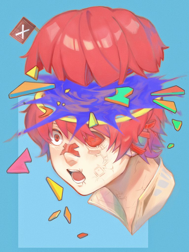 1boy bandaid bandaid_on_nose blue_background colored_sclera commentary cropped_head english_commentary flag fukase male_focus misu_(stepforme) portrait red_eyes red_sclera redhead scar scar_on_face solo split_head vocaloid wide-eyed x