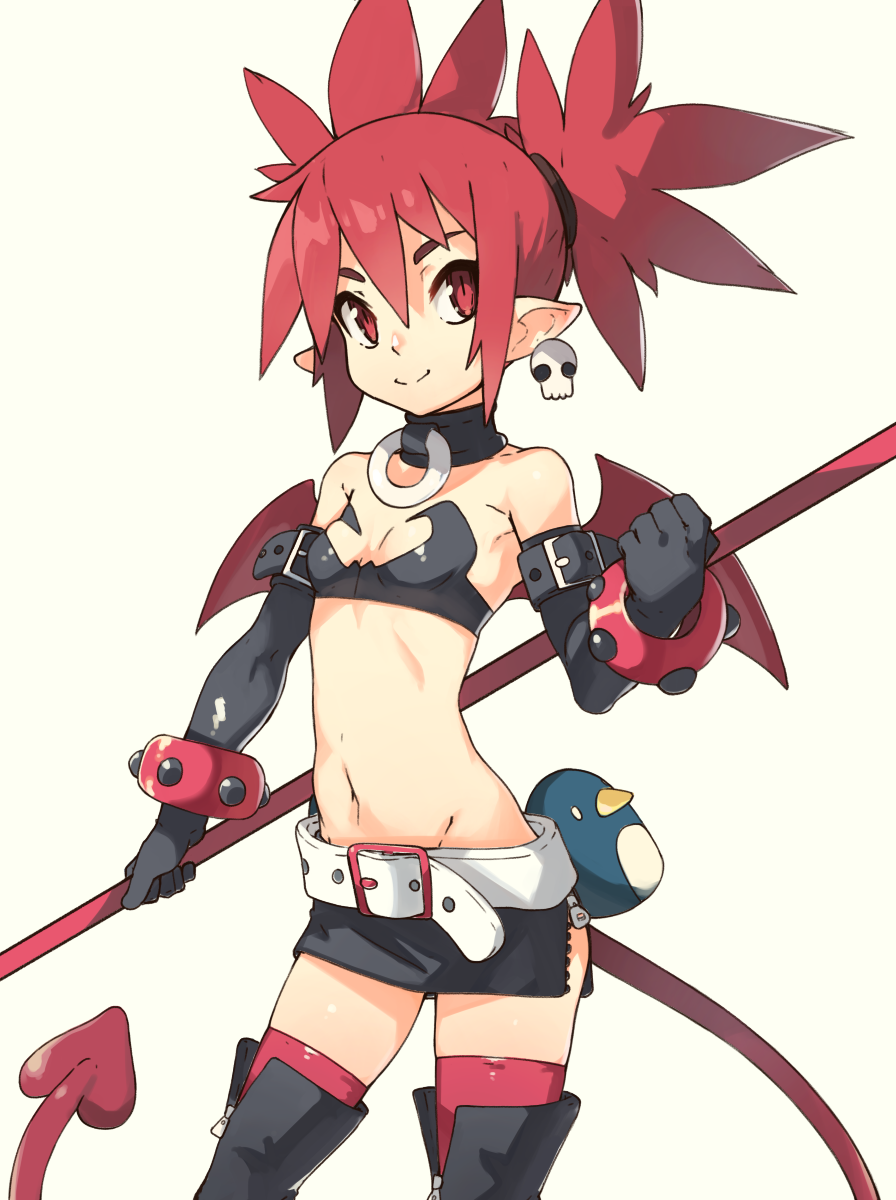 1girl black_bra black_footwear black_gloves black_skirt boots bra breasts closed_mouth disgaea earrings elbow_gloves etna gloves highres jewelry looking_at_viewer miniskirt pointy_ears red_eyes red_legwear redhead short_hair simple_background skirt skull_earrings small_breasts smile solo studded_bracelet tail thigh-highs thigh_boots thighhighs_under_boots twintails underwear vins-mousseux white_background