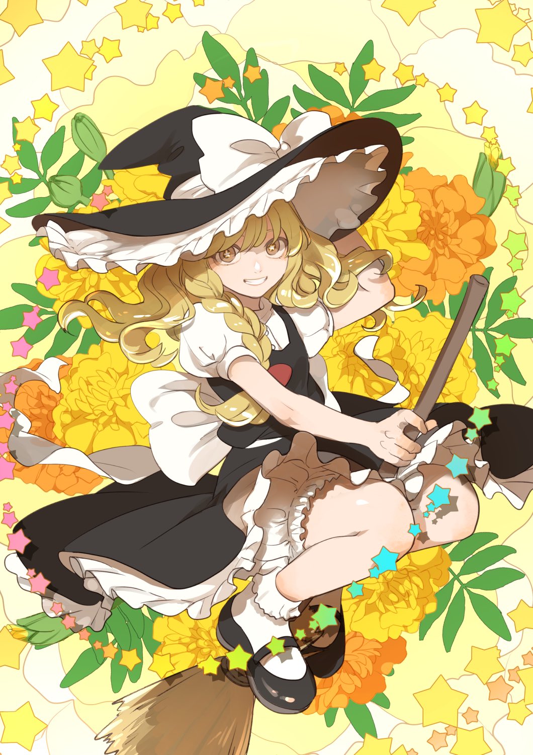 1girl apron arm_up bangs black_footwear blonde_hair bloomers blush bow braid broom broom_riding buttons dress flower frilled_dress frills full_body grin hair_ribbon hand_on_headwear hat hat_bow hat_ribbon highres kerok_(joniko1110) kirisame_marisa leaf long_hair mary_janes ribbon shoes short_sleeves side_braid simple_background smile socks solo star_(symbol) teeth touhou turtleneck underwear waist_apron white_apron white_bow white_legwear white_ribbon witch_hat yellow_background yellow_flower